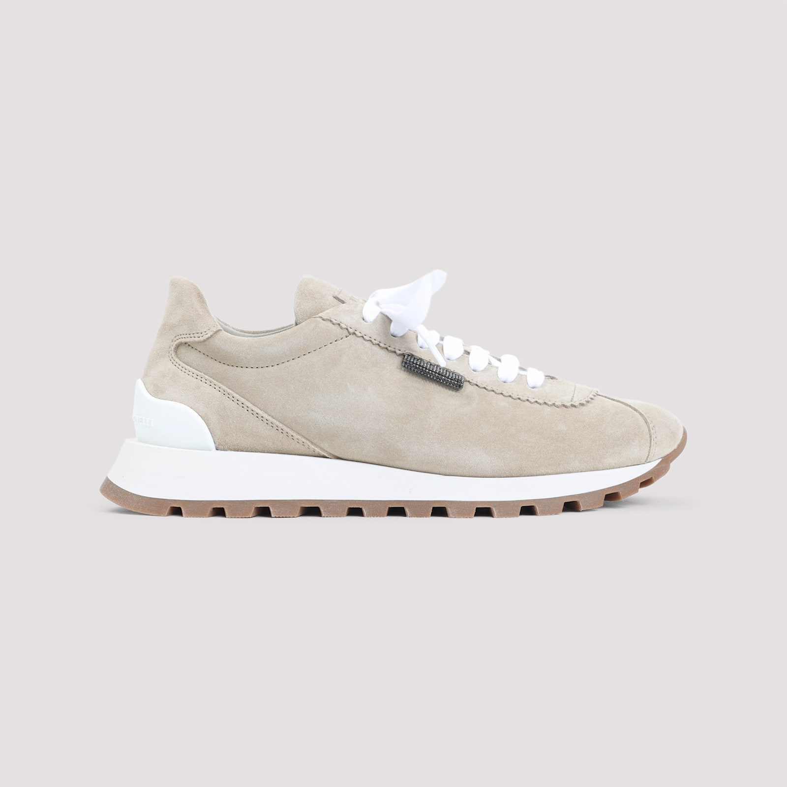 Brunello Cucinelli Beige Low Top Sneakers With Monil Detail On The Side And Embossed Logo Lettering On The Rear In Gray