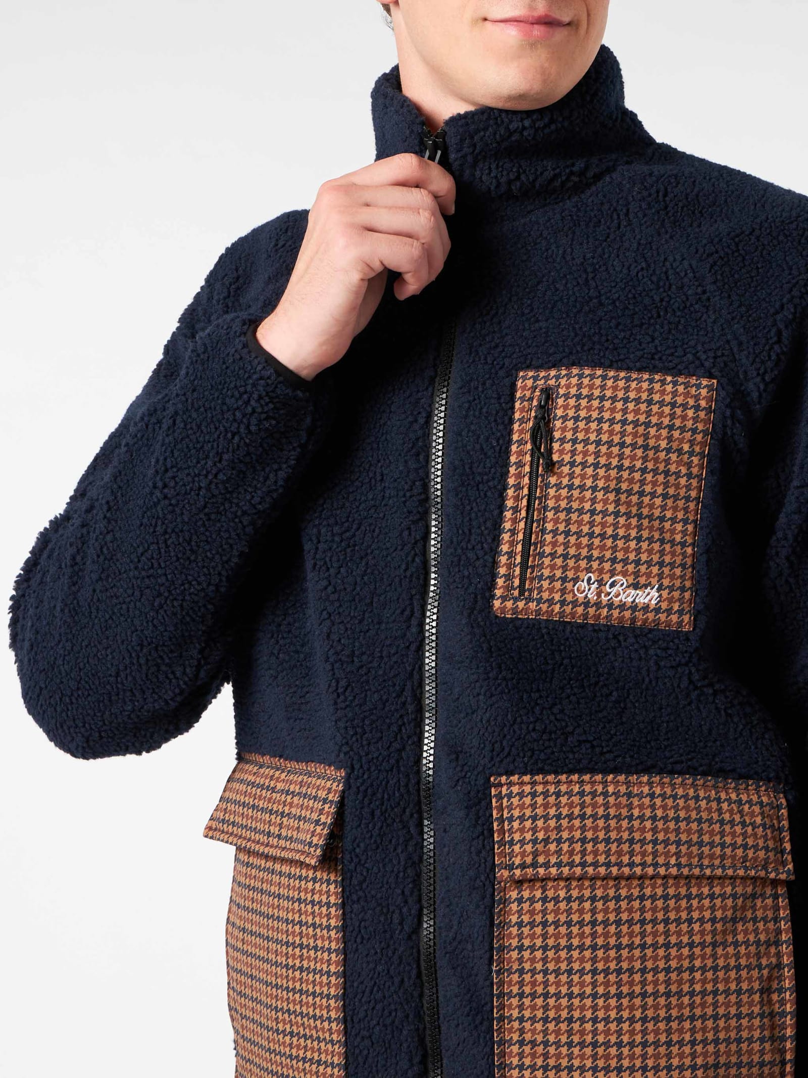 Shop Mc2 Saint Barth Man Blue Sherpa Jacket With Check Patch Pockets