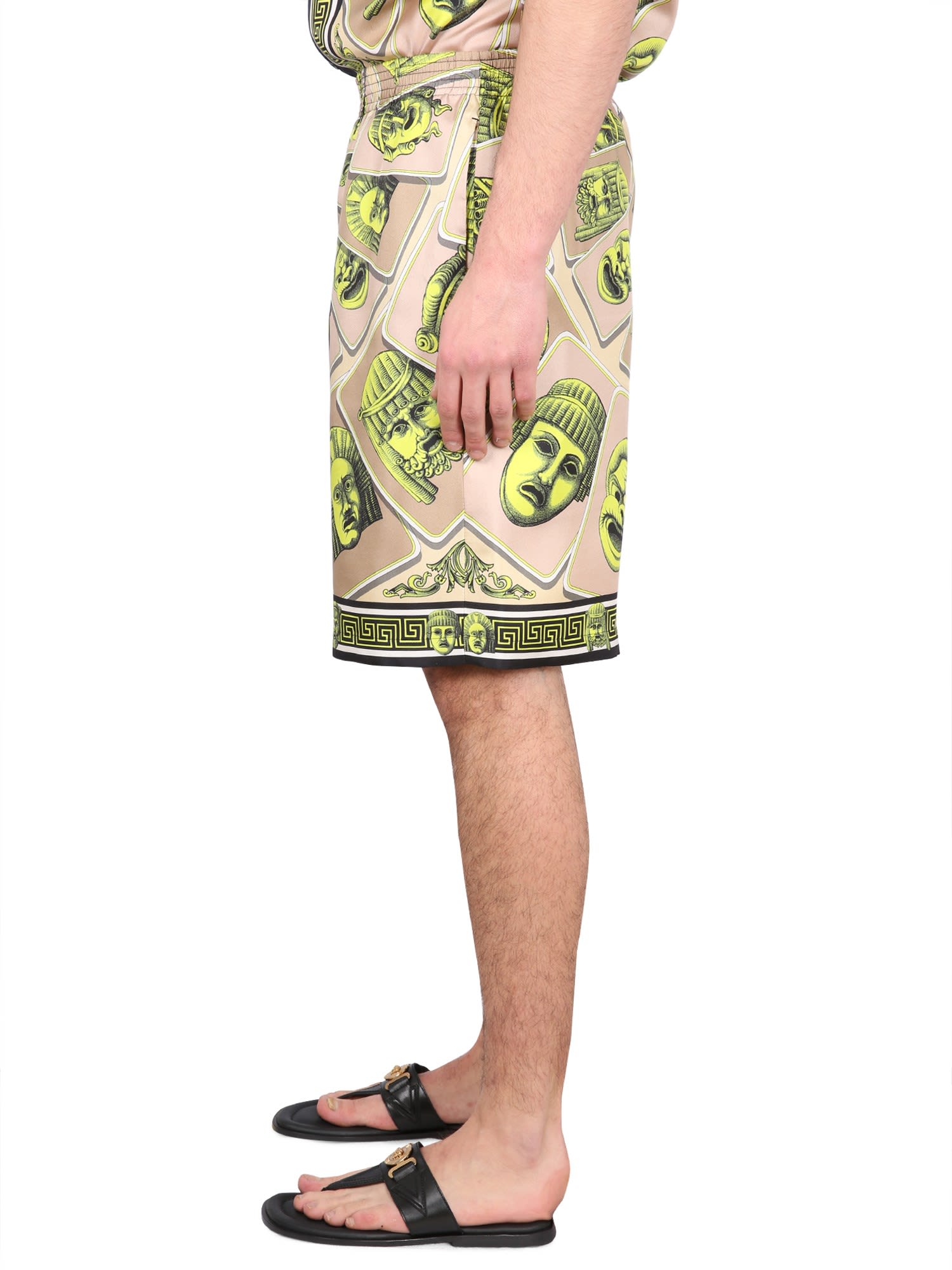 Versace Twill Silk Shorts Masks Print Detail In Acid Green Moonstruck