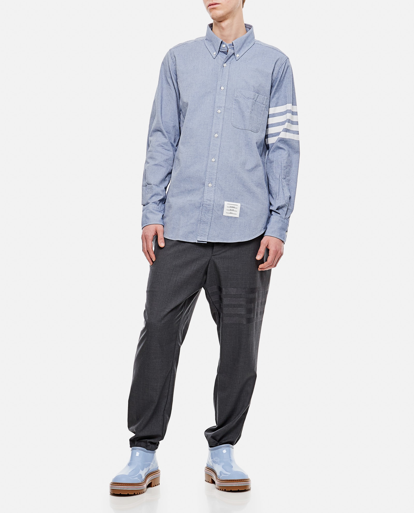 Shop Thom Browne Classic 4bars Cotton Shirt In Clear Blue