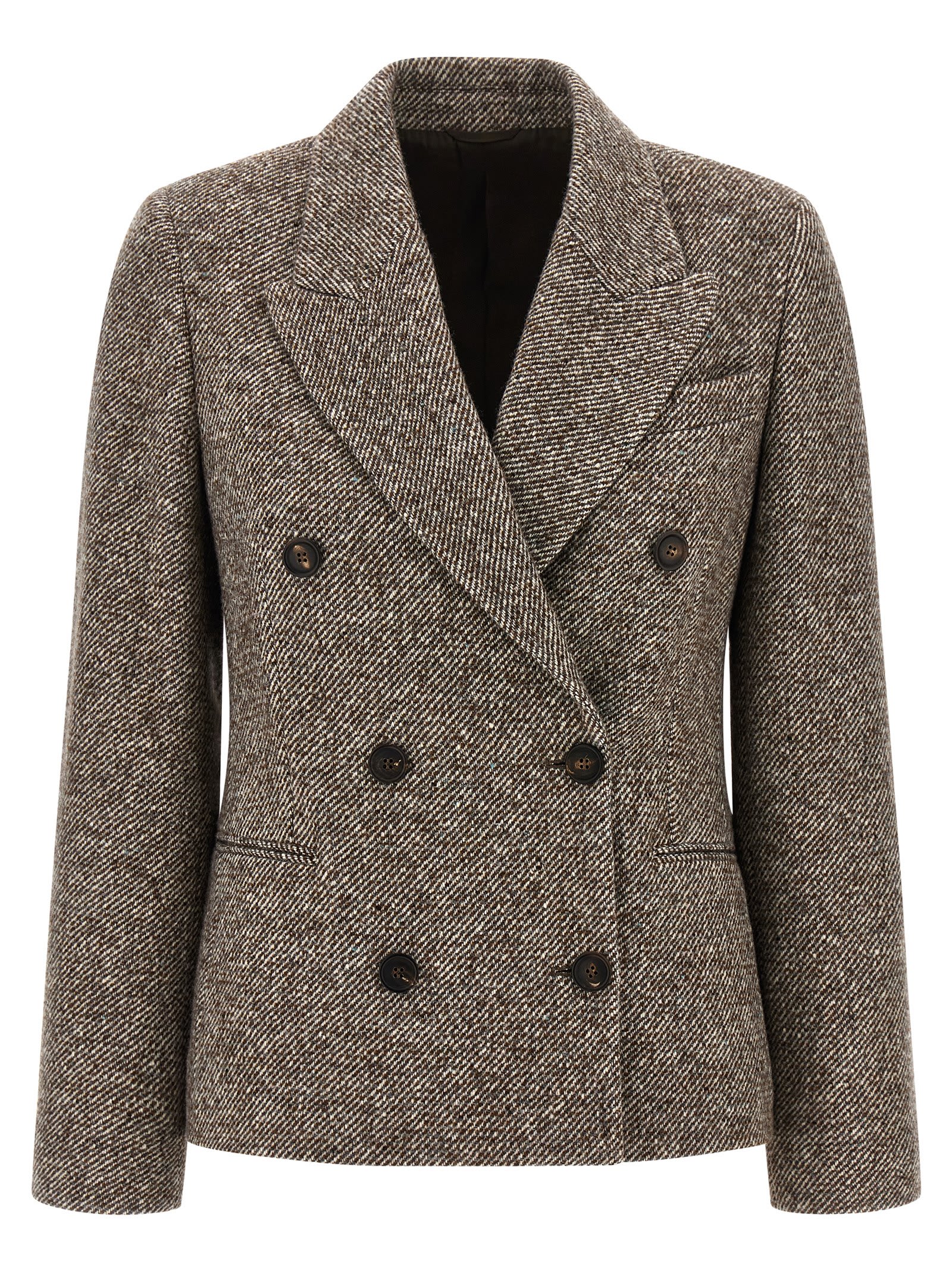 Brunello Cucinelli Wool Double-breasted Jacket With Front Pockets In Brown