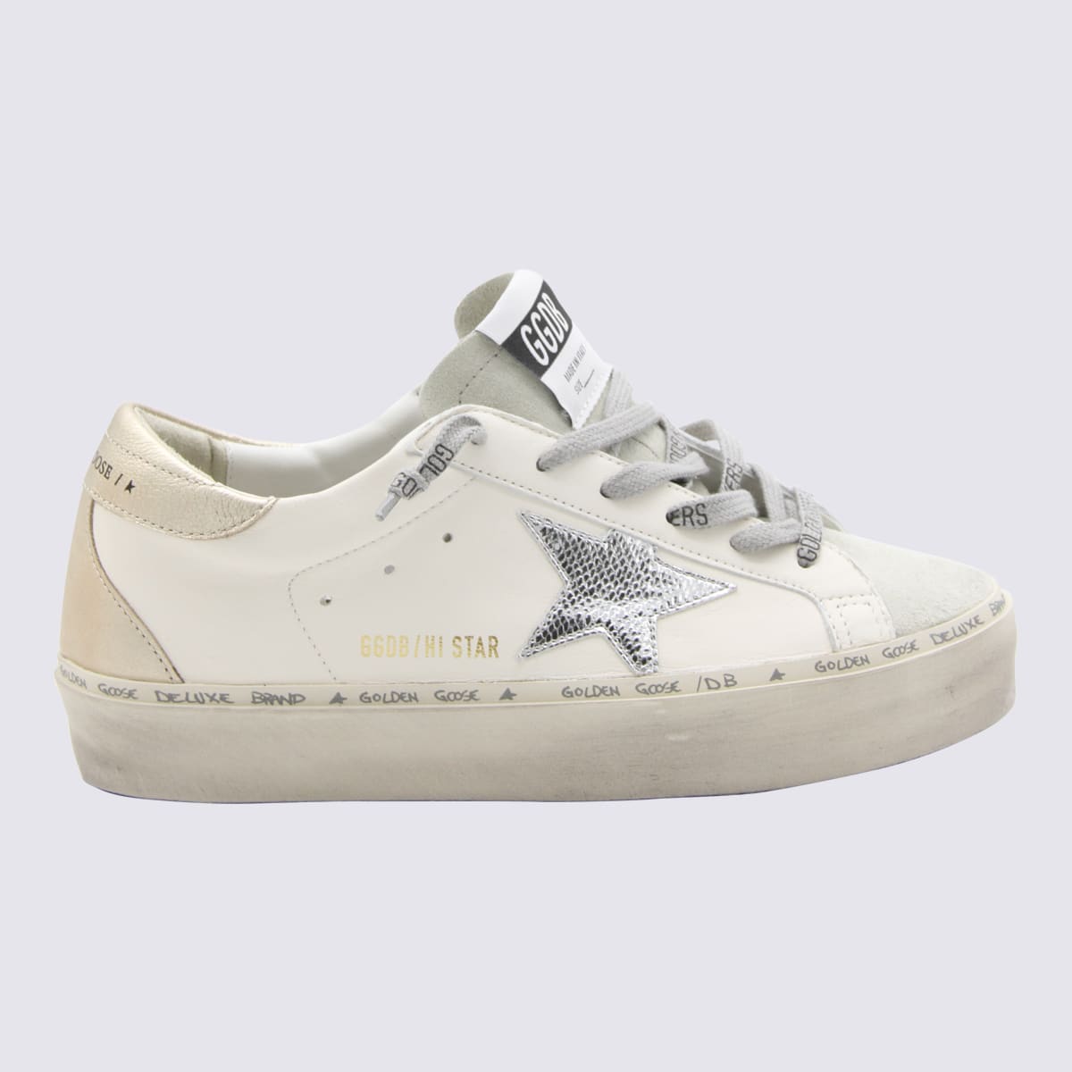 GOLDEN GOOSE WHITE AND SILVER LEATHER HI STAR GLITTER SNEAKERS