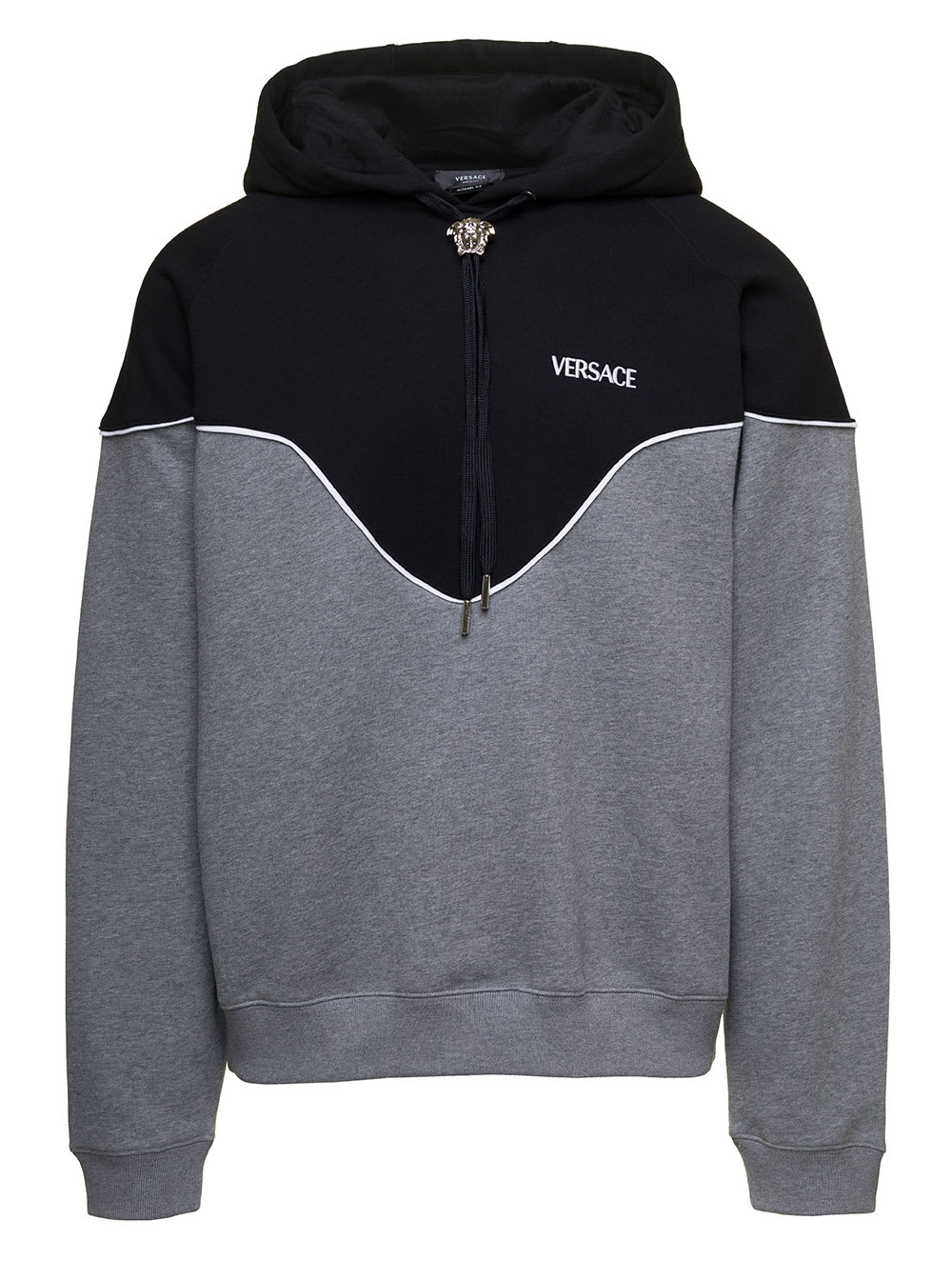 VERSACE BLACK AND GREY HOODIE WITH MEDUSA DRAWSTRING IN COTTON MAN