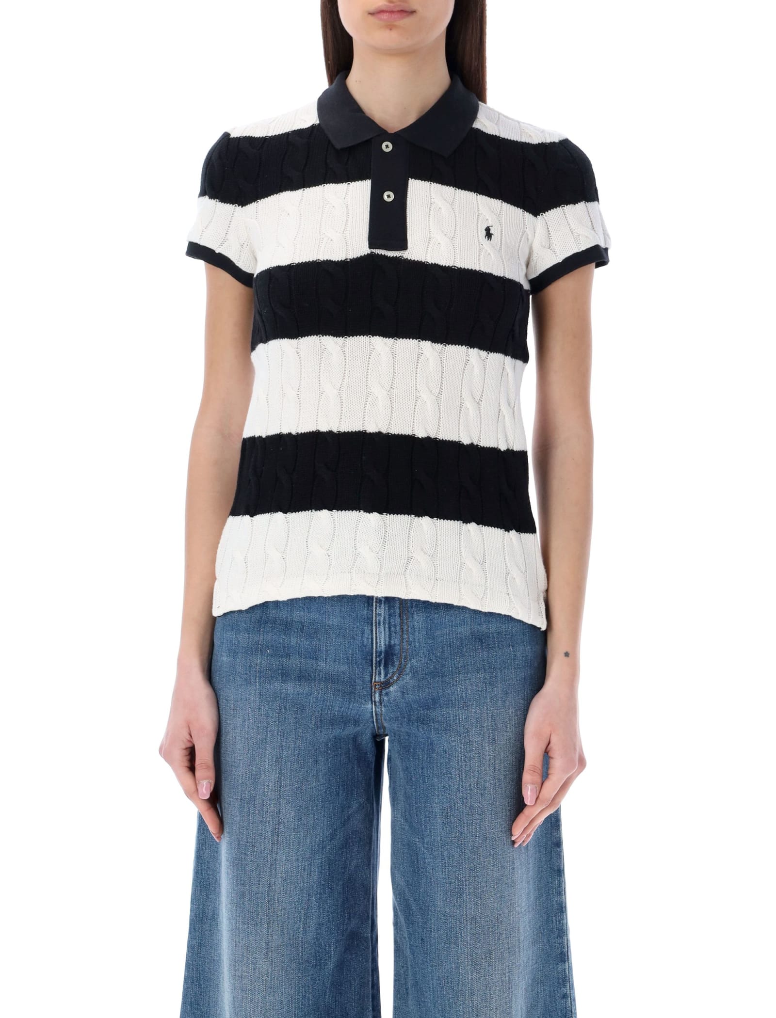 Polo Ralph Lauren Striped Cable-knit Polo Shirt In Black White