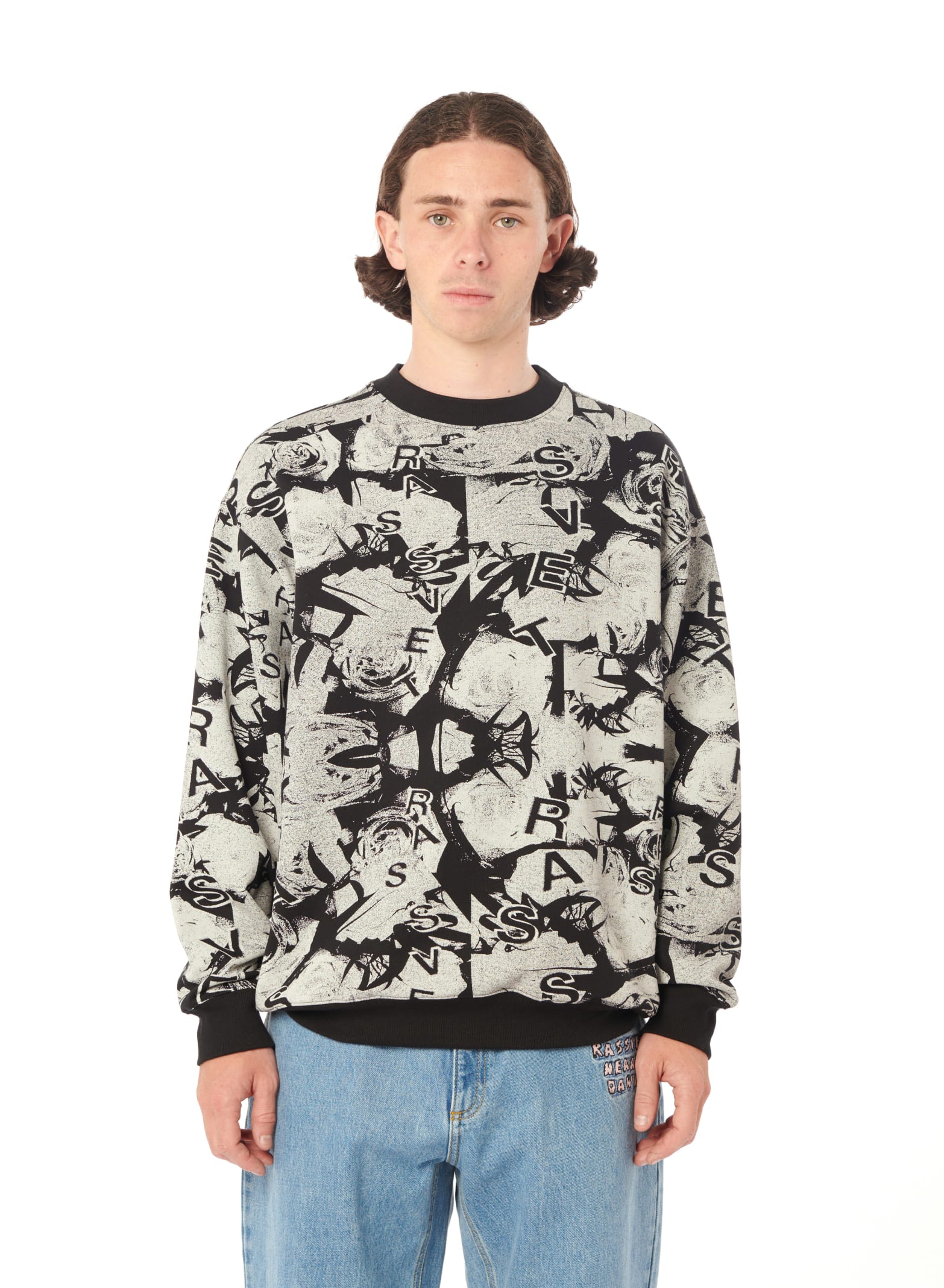 Shop Paccbet Roses All Over Print Crewneck Sweatshirt Knit In Black