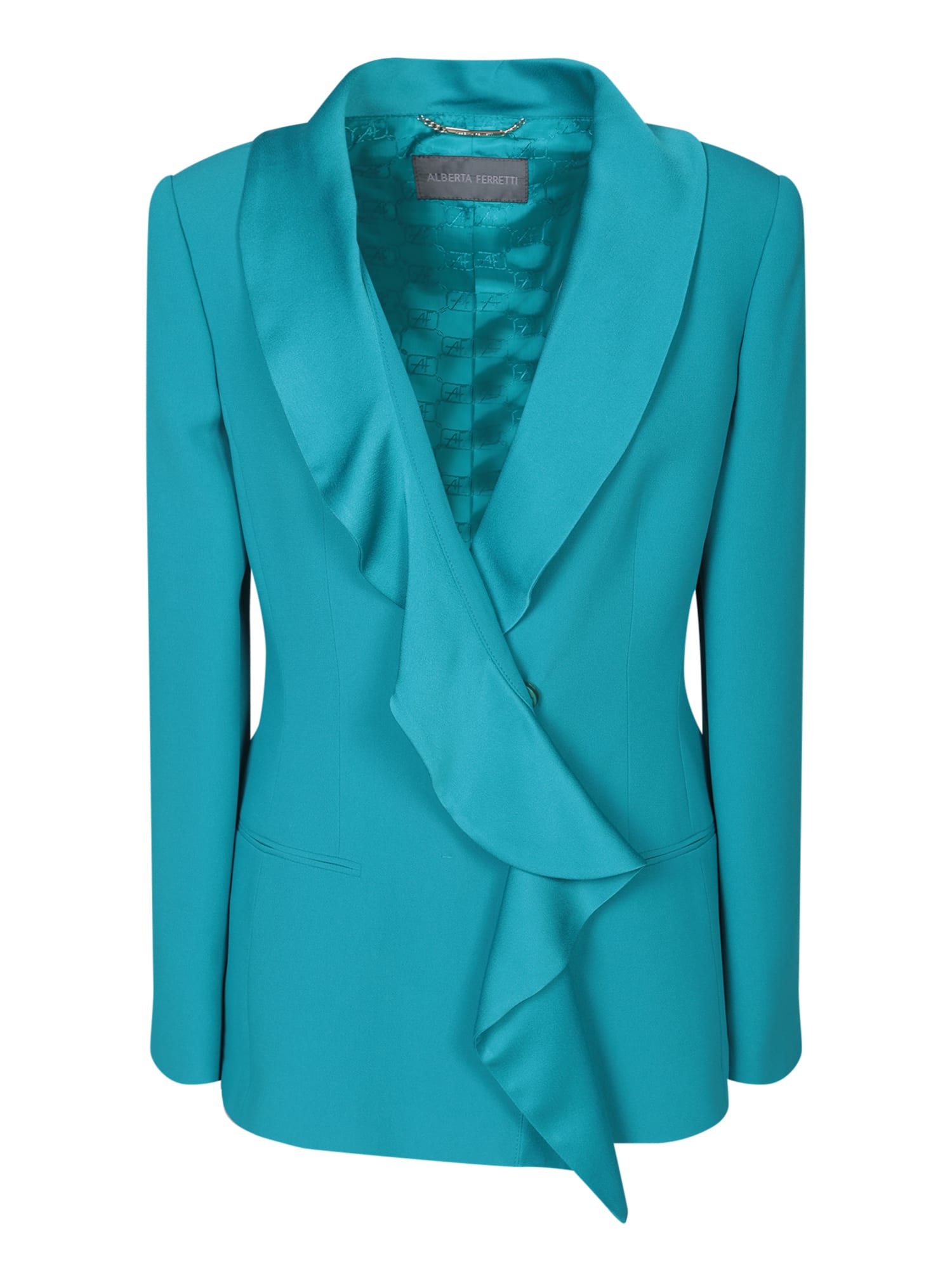 Shop Alberta Ferretti Rouche Enver Satin Turquoise Jacket In Blue