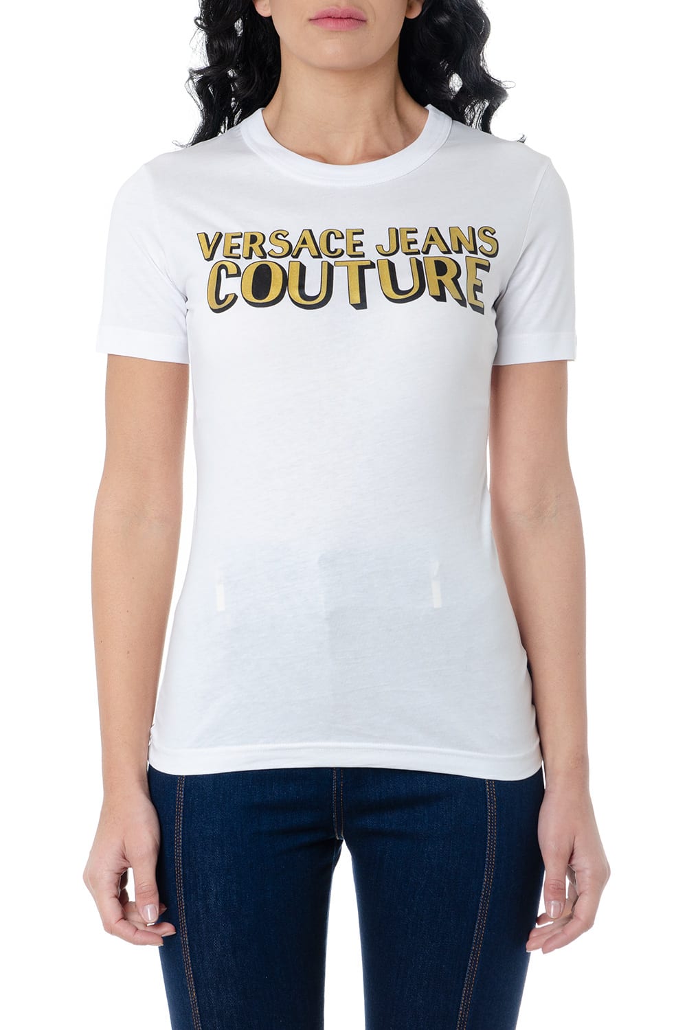 VERSACE JEANS COUTURE WHITE JERSEY T-SHIRT WITH LOGO PRINT,11289206