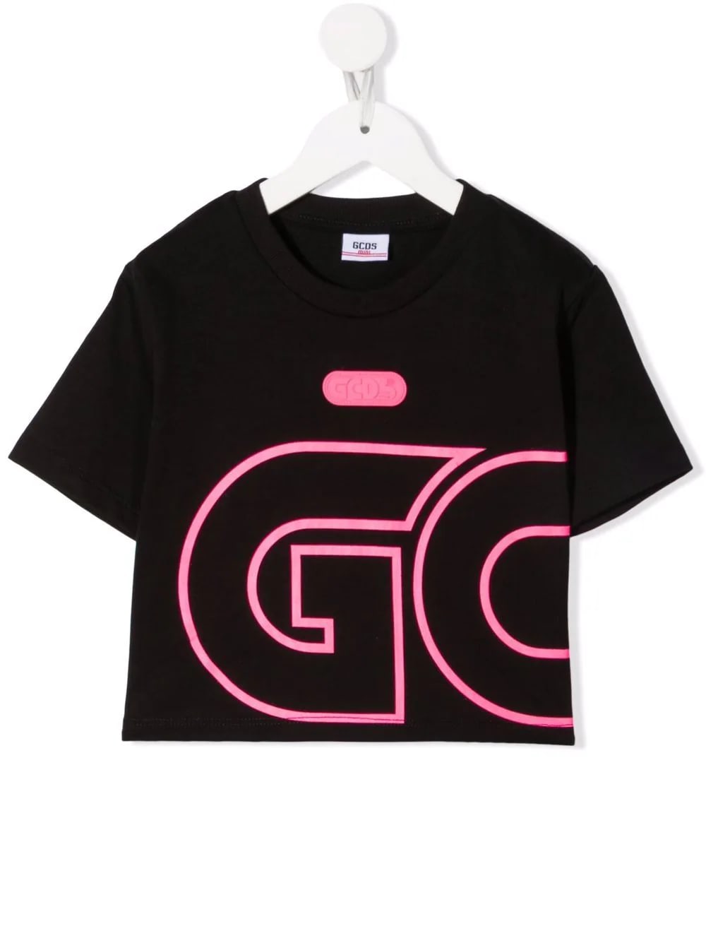 GCDS Mini Kids Black Crop T-shirt With Pink Macro Logo