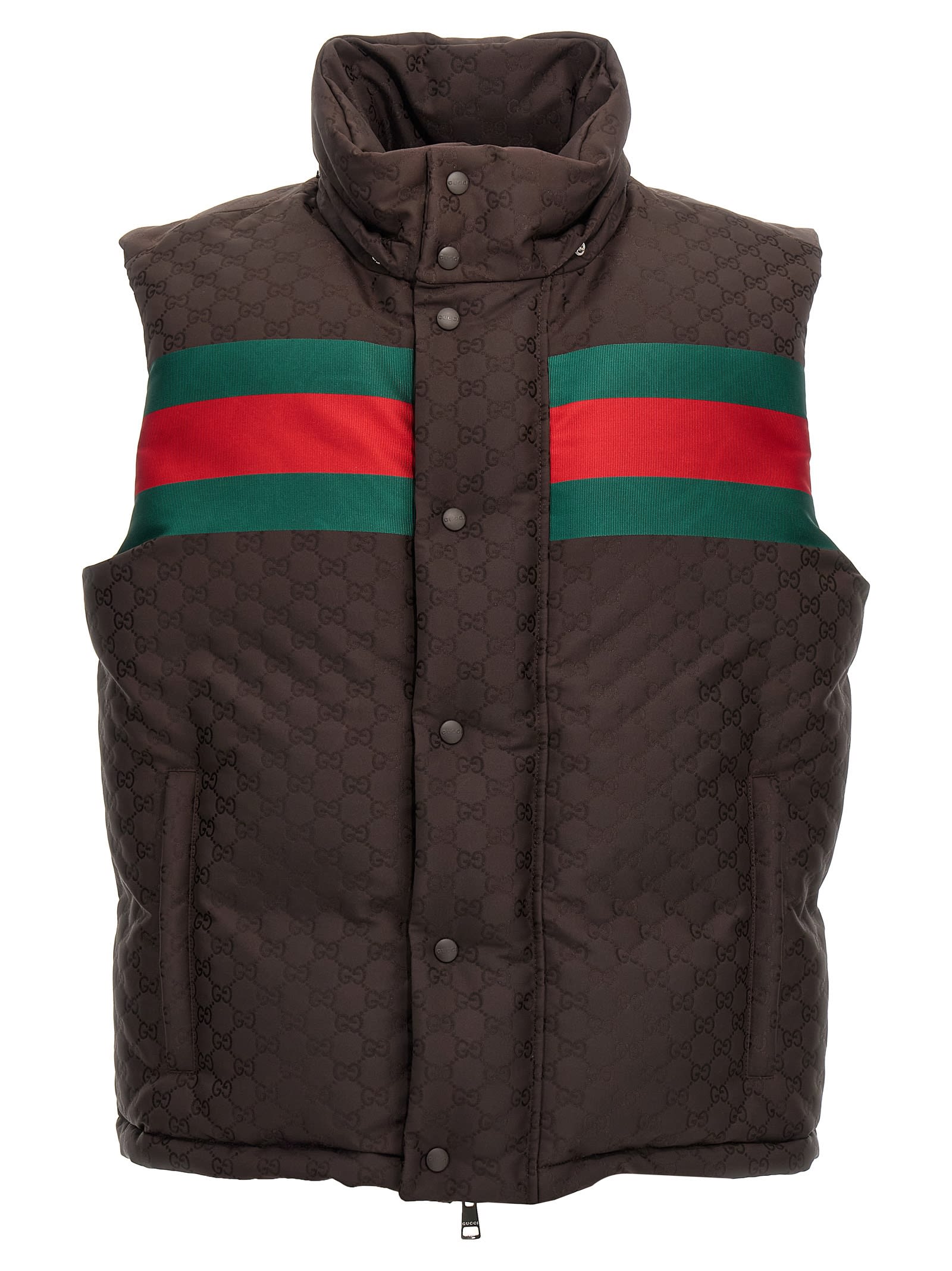 Gucci Dark Brown Gg Polyester Blend Sleeveless Down Jacket In Browngreenred