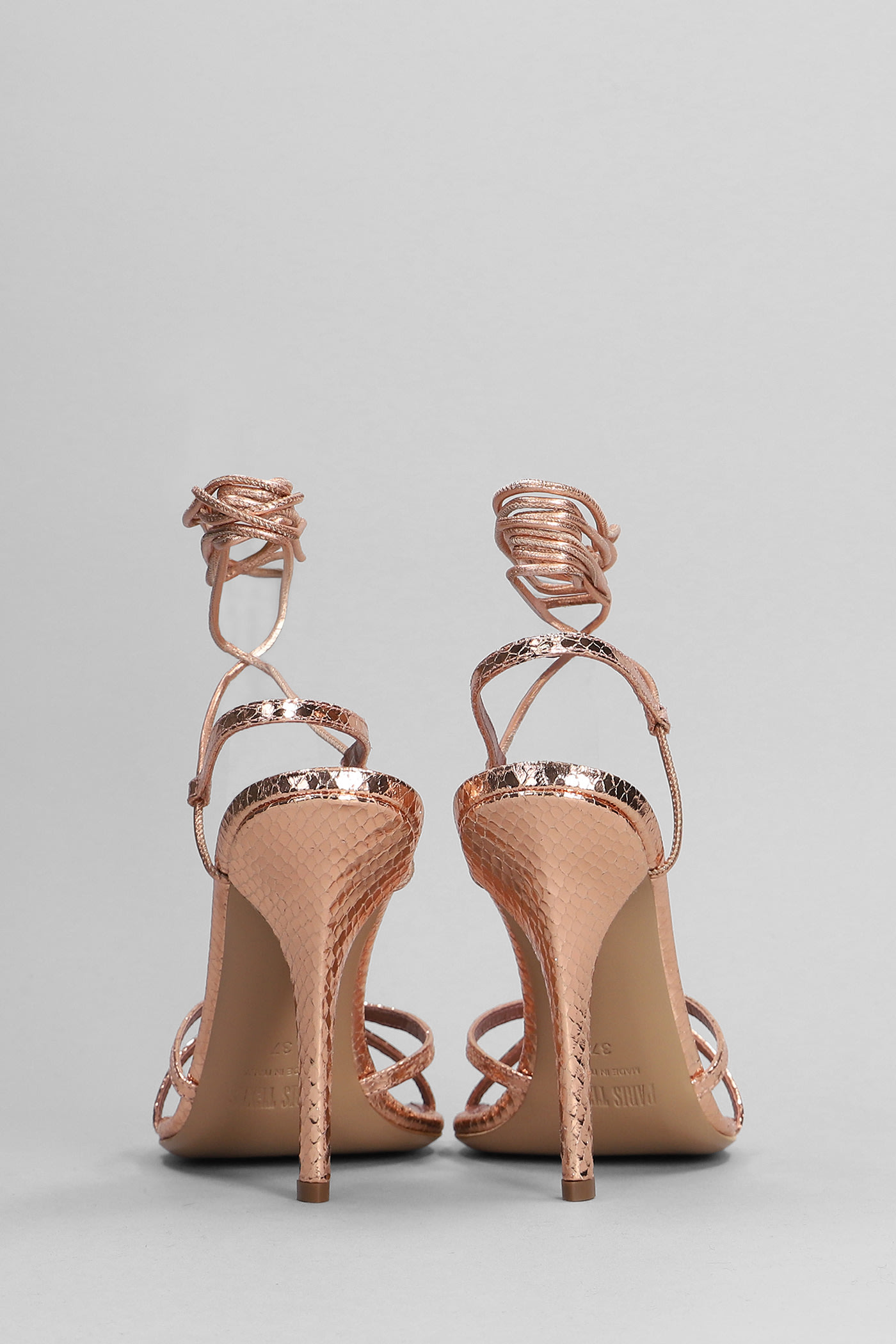 Paris Texas Lace-up Sandals In Rose Gold Metallic Python-print Leather In Copper