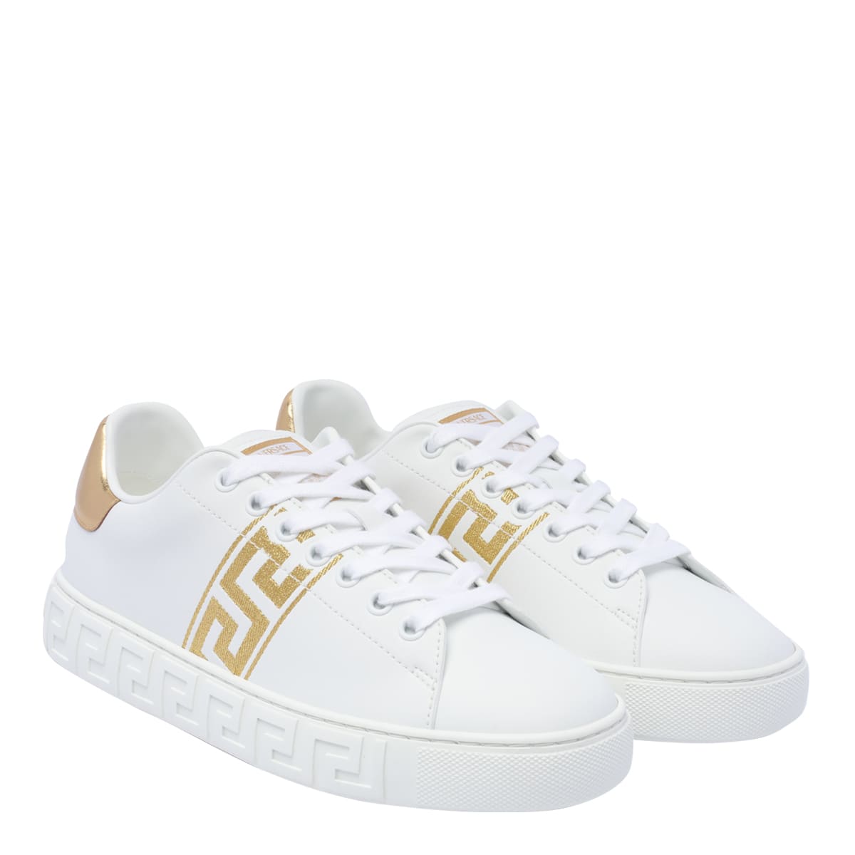 Shop Versace Greca Embroidered Sneakers In White