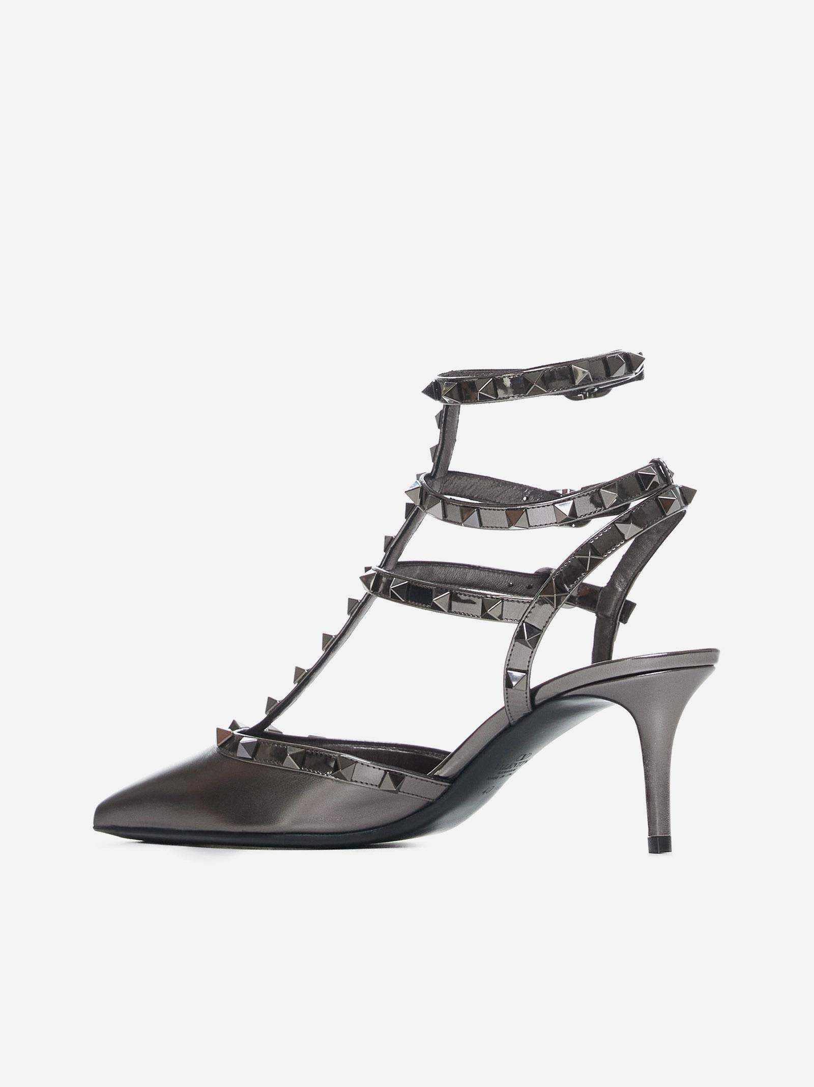 Valentino Rockstud Caged 65 Leather Ankle Strap Pump In Grey