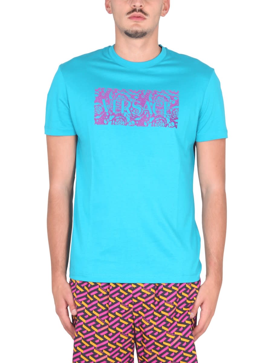 Shop Versace Silhouette Baroque Flock T-shirt In Azure