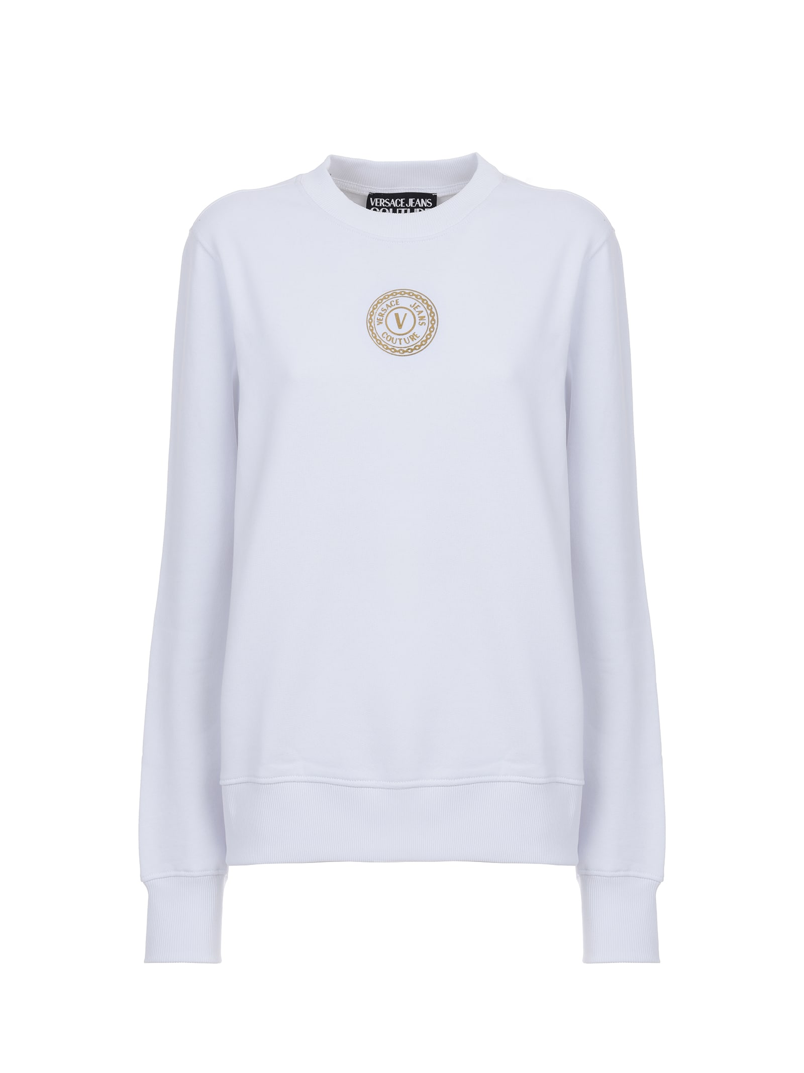 Versace Jeans Couture White Sweatshirt With Small V-emblem Gold Logo