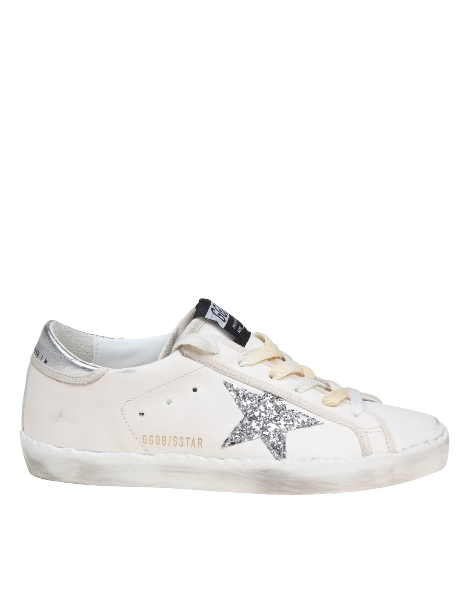 Shop Golden Goose Super-star Leather Sneakers With Silver Glitter Star In White/silver