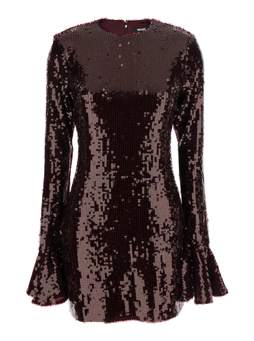 Rotate Birger Christensen Bordeaux Sequin Crewneck Mini Dress With Flared Sleeves In Tech Fabric Stretch Woman In Burgundy
