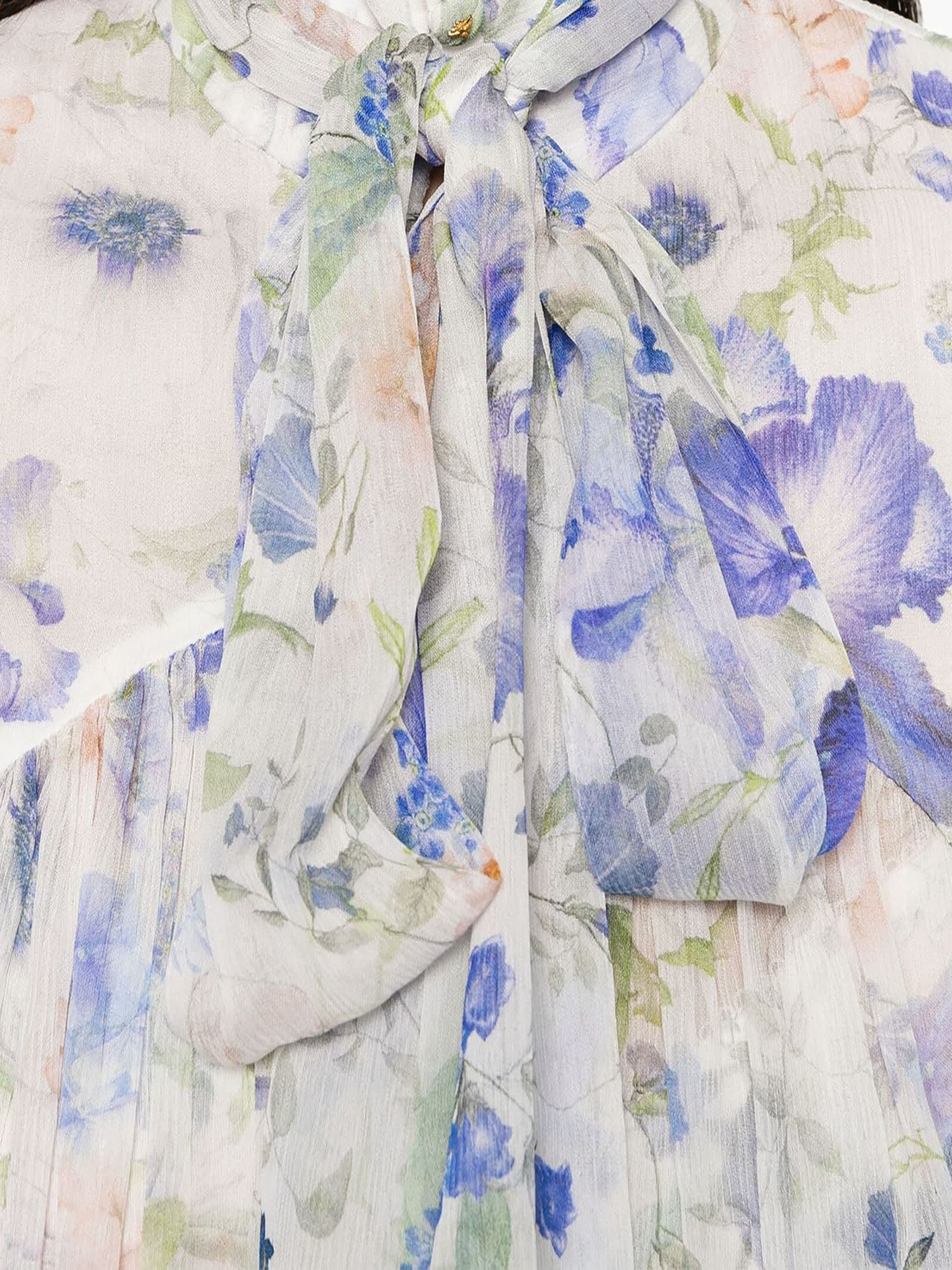 Shop Zimmermann Natura Tie Neck Billow Top In Blue Garden Print In White