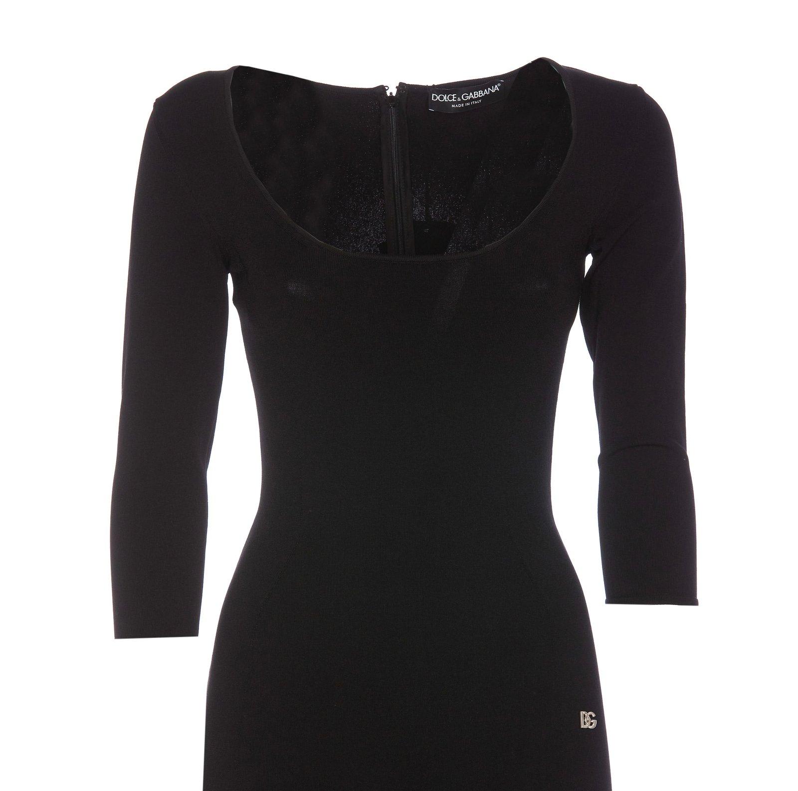 Shop Dolce & Gabbana Logo Plaque Scoop Neck Midi Dress In Black