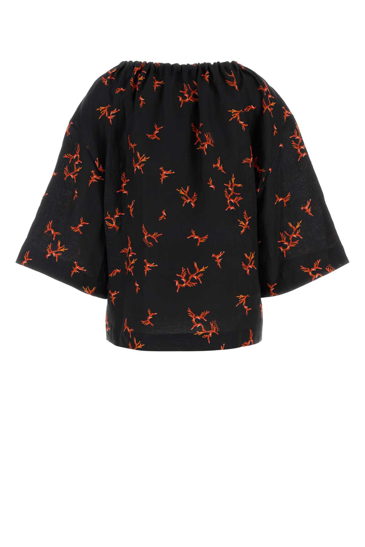 Fendi Floral Print Linen Top With Wide Sleeves In Black