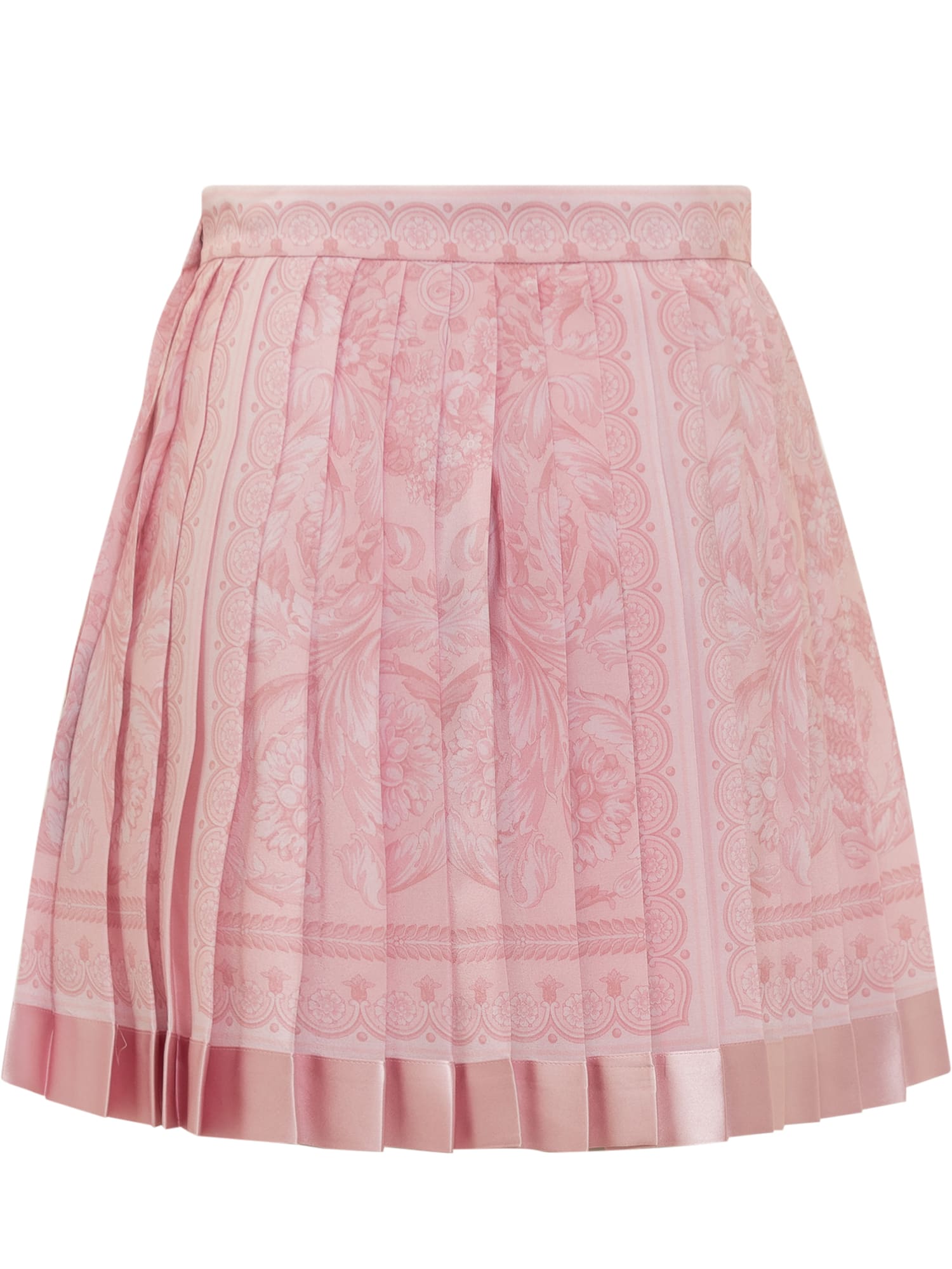 Shop Versace Pleated Silk Miniskirt With Baroque Print In Pale Pink