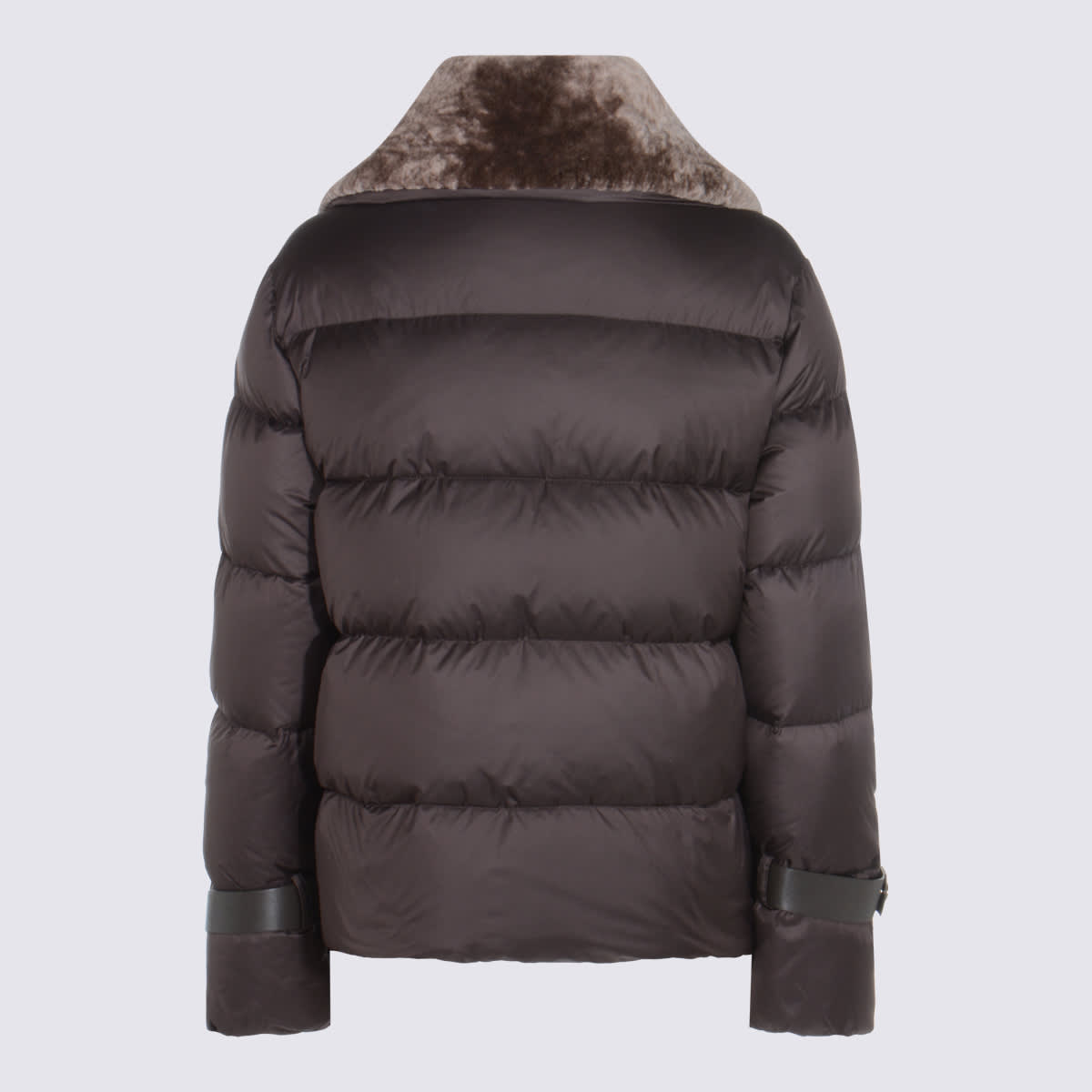Fendi Women Brown Down Jacket With Shearling Collar And Logo Patch On The Front In Tech Fabric Woman In Brown