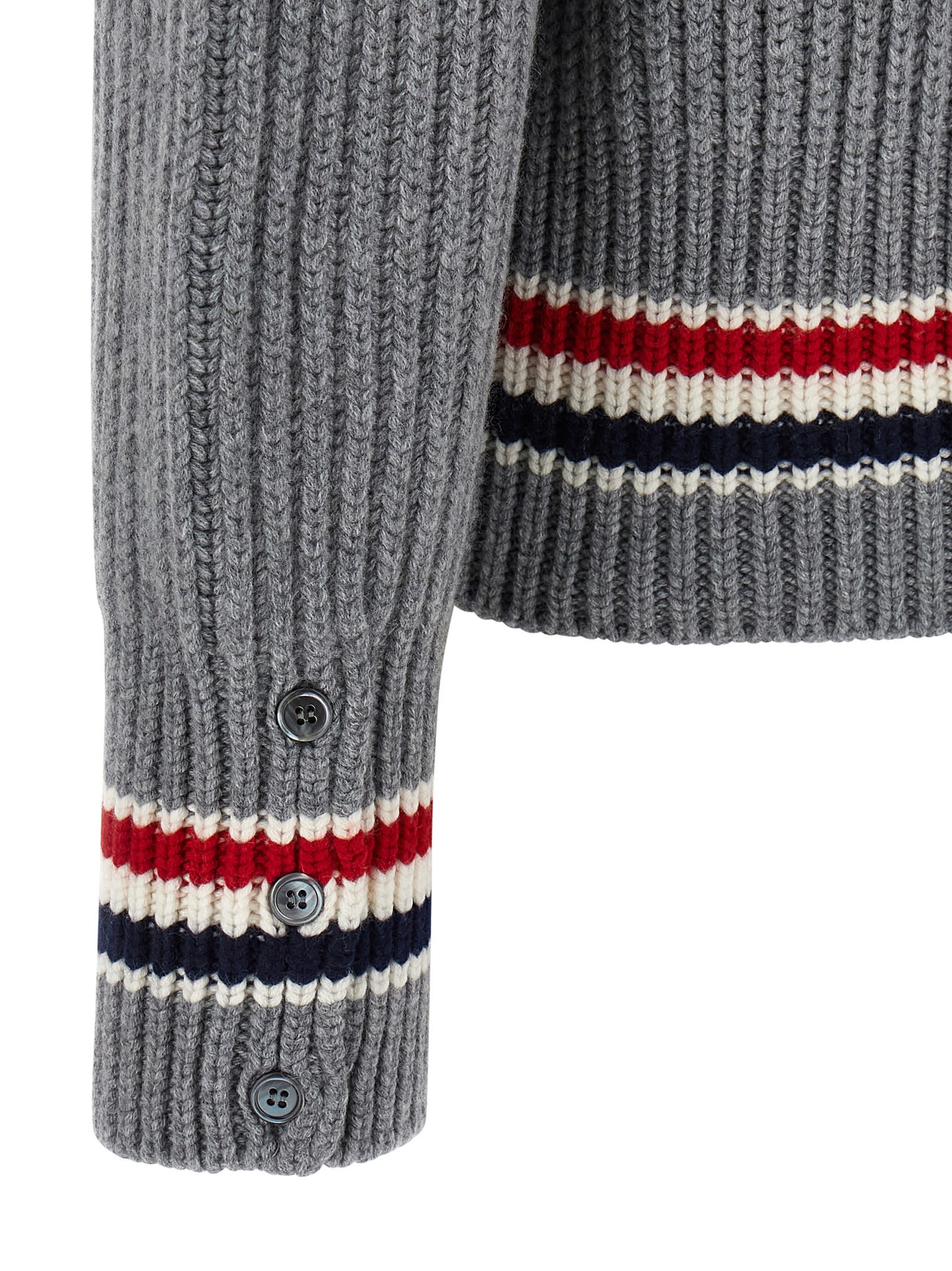 Thom Browne Striped V-neck Cardigan Front Pockets In Gray