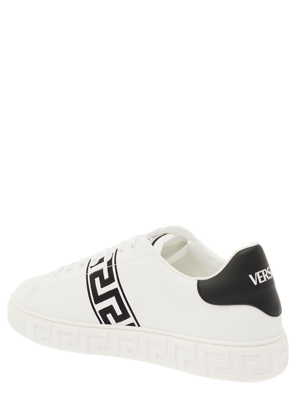 Shop Versace New Greca White Low Top Sneakers With Logo Detail In Vegan Leather Man