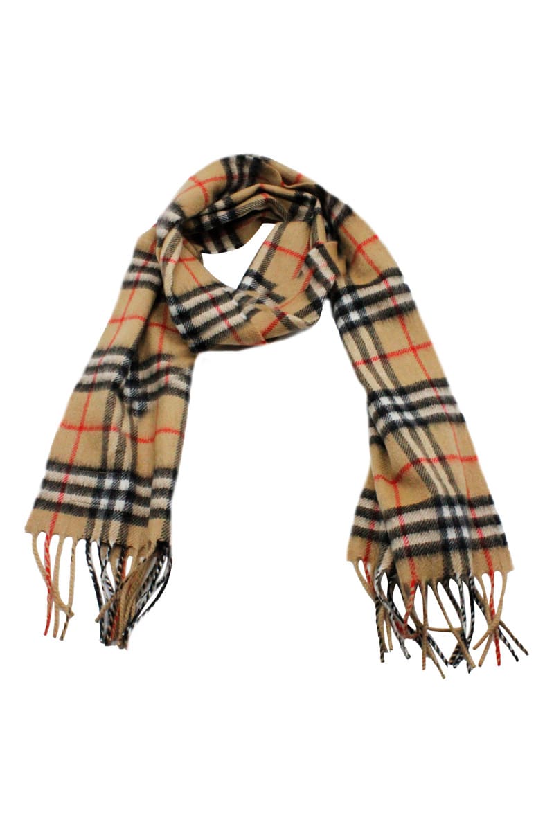 Burberry 100% Cashmere Scarf With Check Patterned Fringes Measures 127 X 20 Cm