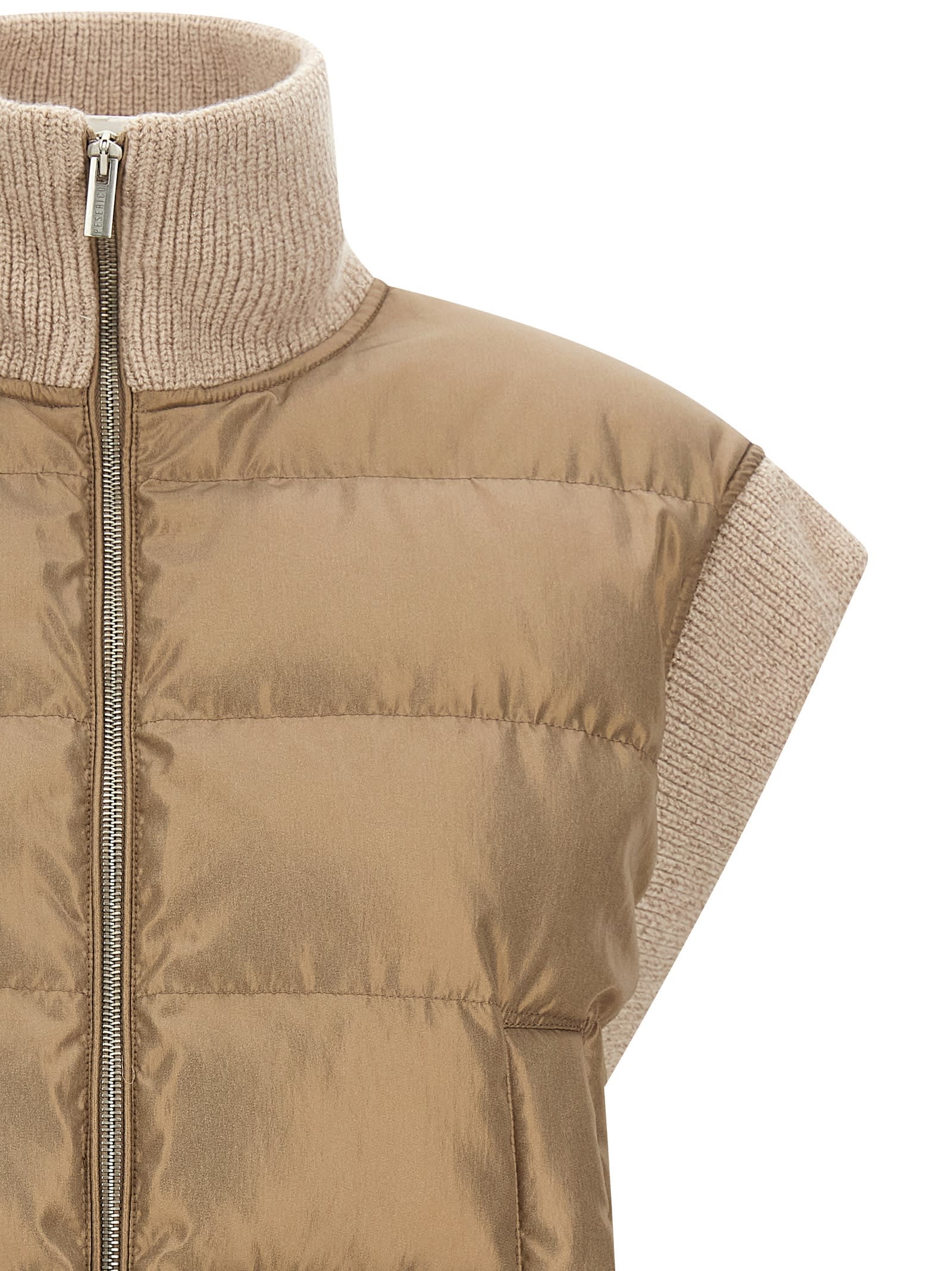 Peserico High Collar Sleeveless Quilted Ribbed Vest In Brown
