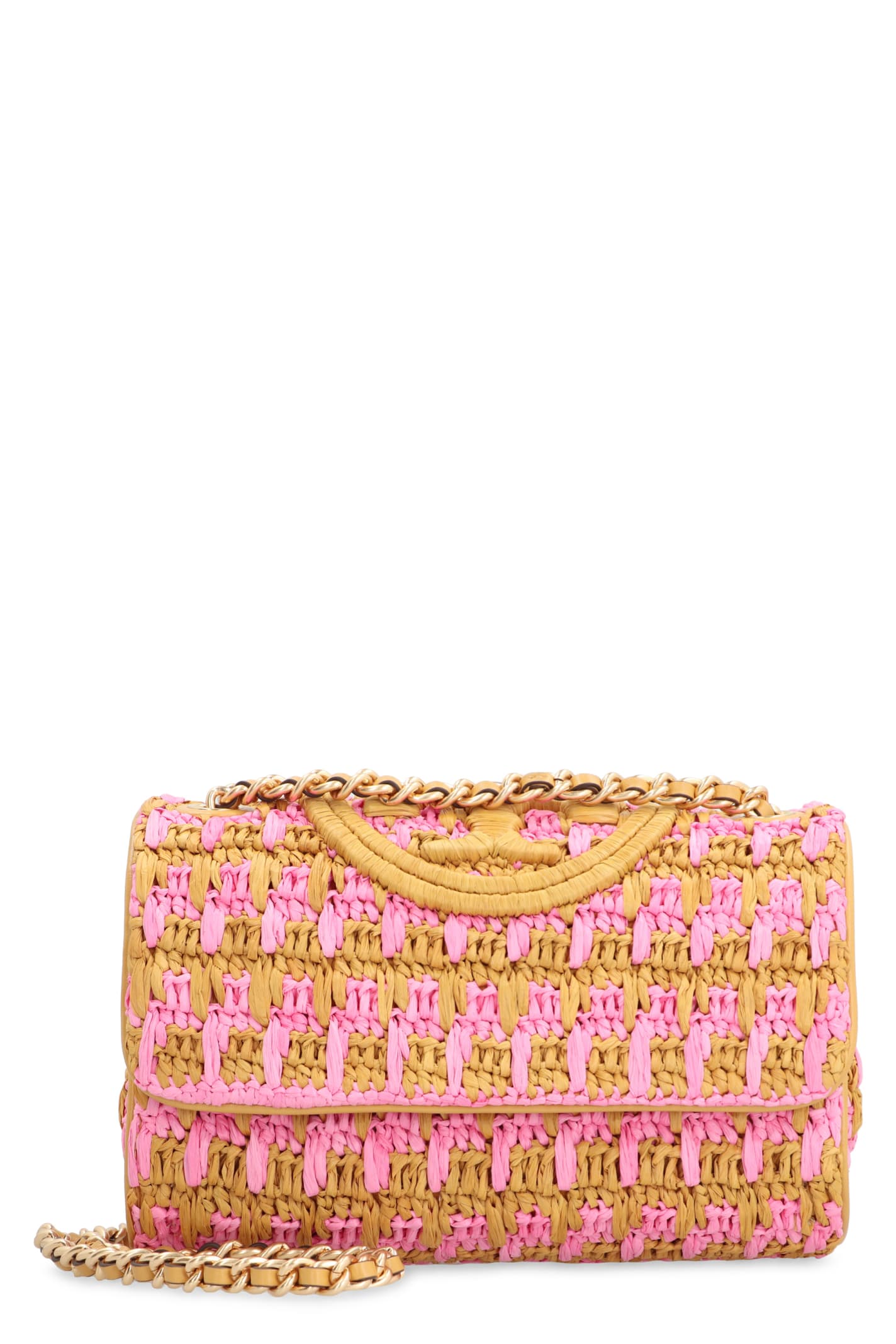 Tory Burch Fleming Raffia Shoulder Bag In Beige