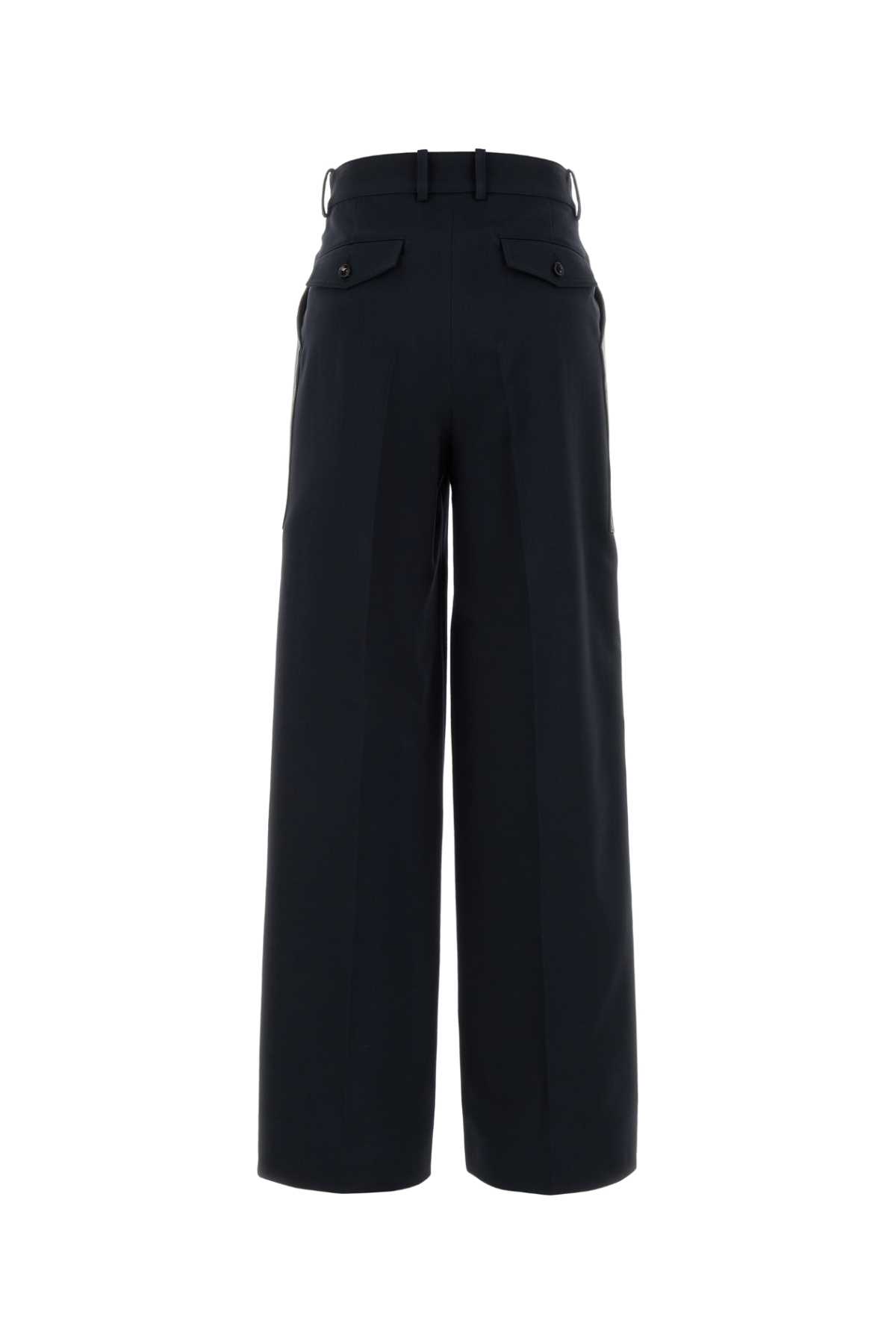 Bottega Veneta Women Blue Wide Leg Trousers With Two Leather Pockets On The Front In Wool And Cotton In Black
