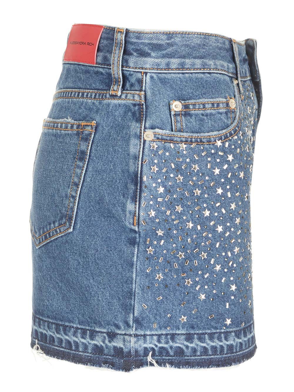 Alessandra Rich Denim Mini Skirt W/crystals In Blue