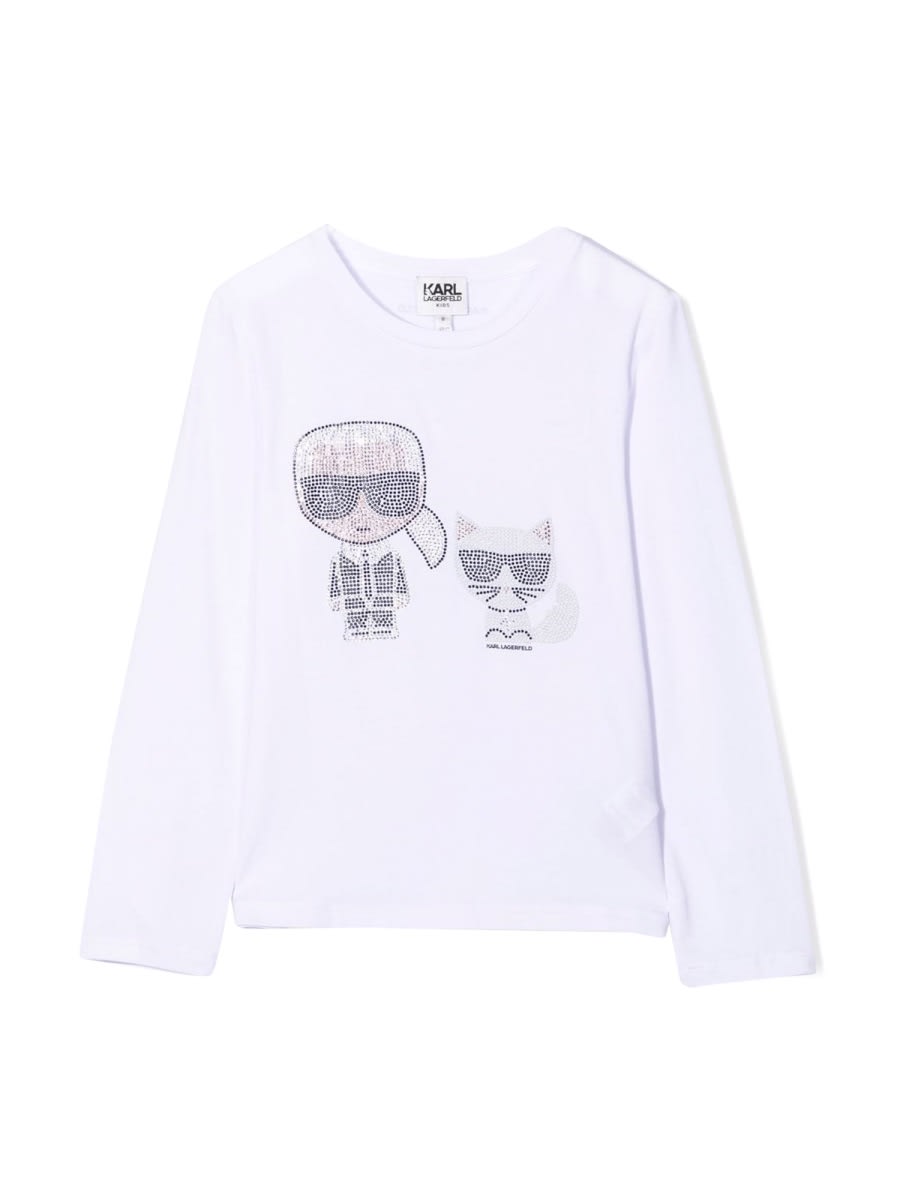 Shop Karl Lagerfeld T-shirt Karl & Choupette Con Strass In White