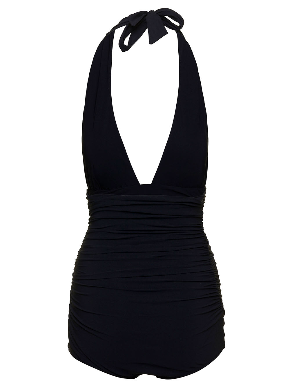 Shop Dolce & Gabbana Black Gathered One-piece Swimsuit With Logo Patch In Stretch Polyamide Woman