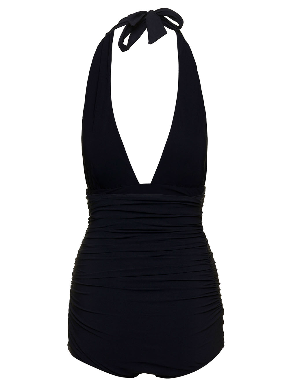 Dolce & Gabbana Black Gathered One-piece Swimsuit With Logo Patch In Stretch Polyamide Woman In Black