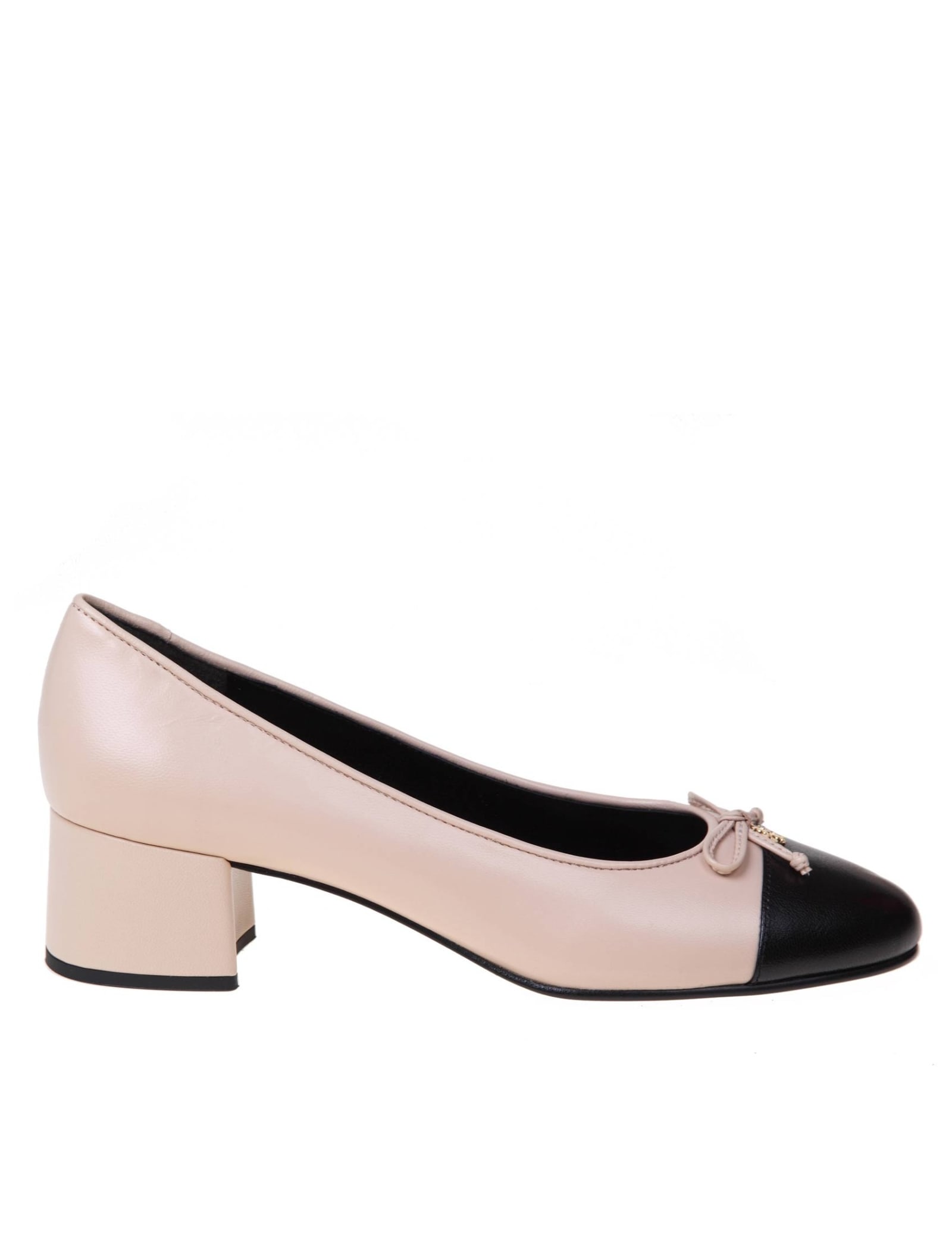 Tory Burch Pump Cap-toe In Leather With Bow In Black/rose
