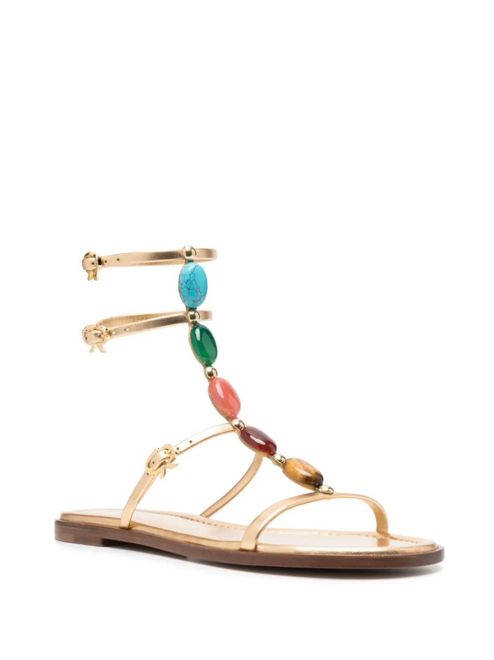 Gianvito Rossi Gemstone Detailed Flat Leather Sandals In Gold