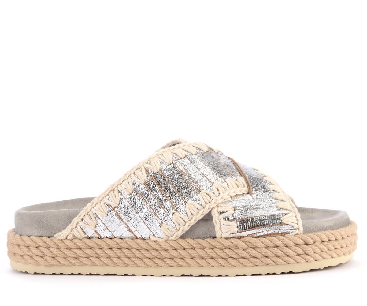 Mou Rope Bio Sandal In Silver Leather With Embroidery