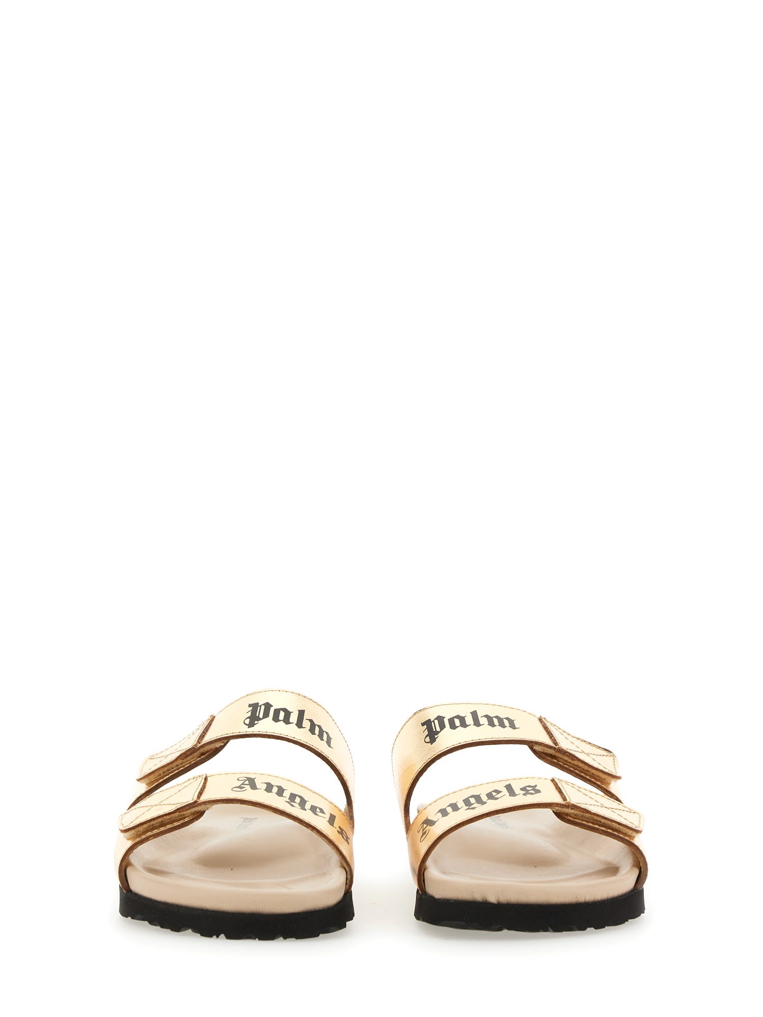 Palm Angels Logo-print Leather Slides In Oro