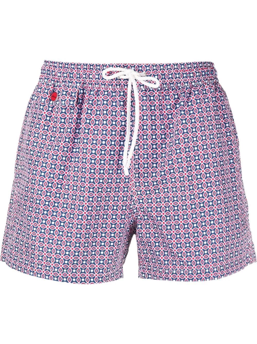 Kiton Swim Shorts With Blue, White And Red Geometric Micro Pattern