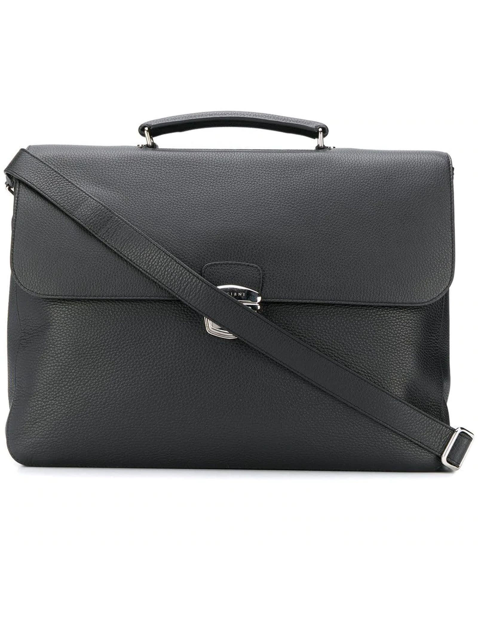 Orciani Micron Deep Black Leather Large Briefcase