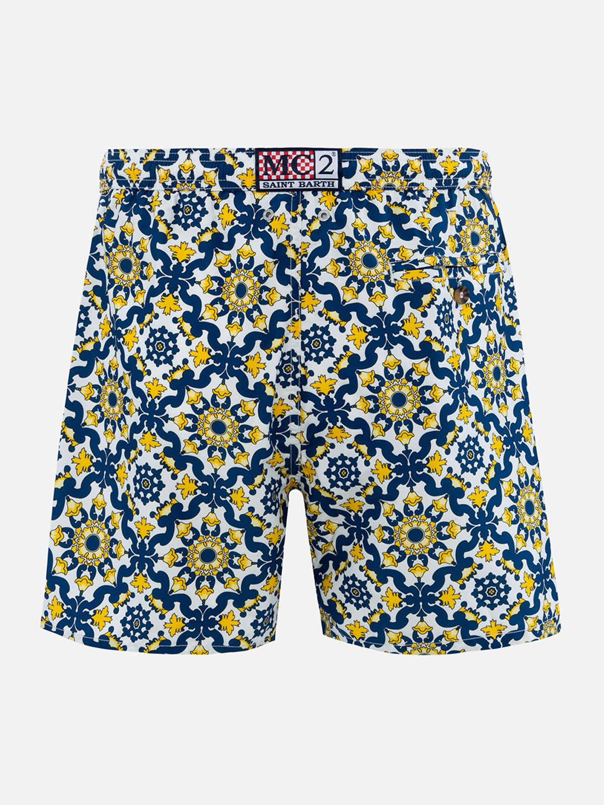 Mc2 Saint Barth Man Lightweight Fabric Swim-shorts Lighting 70 With Majolica Print In Blue