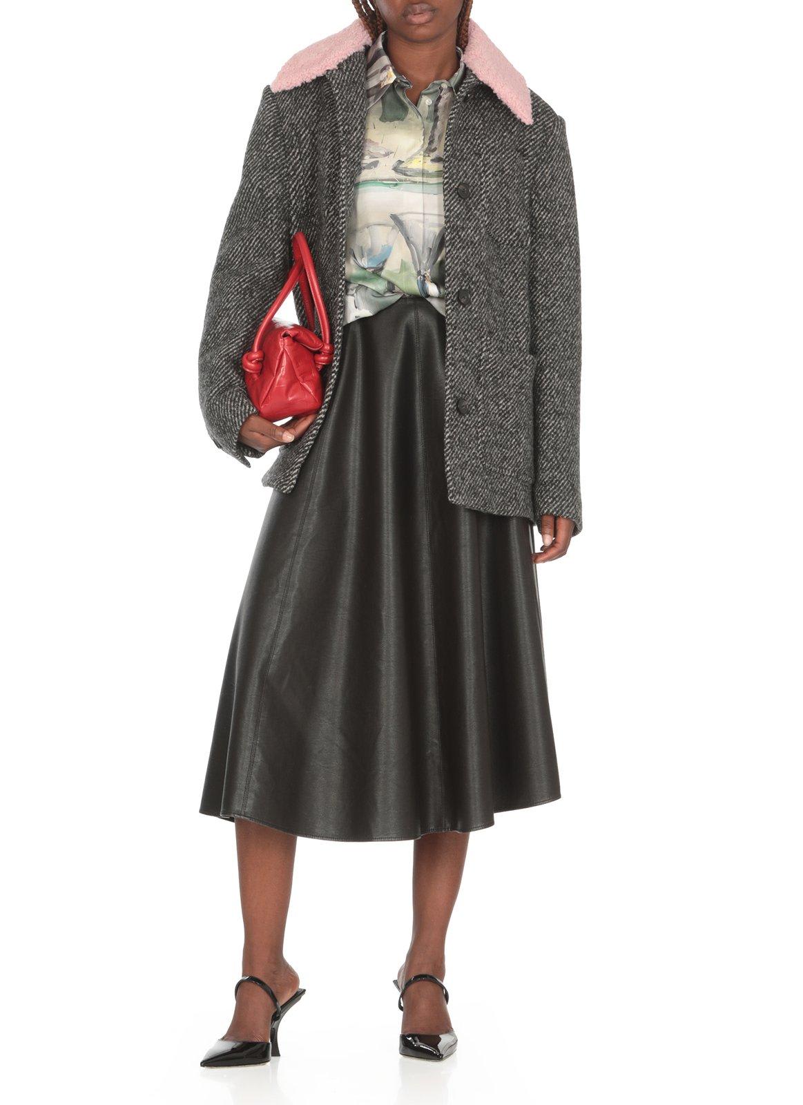 Shop Msgm Fur Collar Buttoned Jacket In Grey Melange