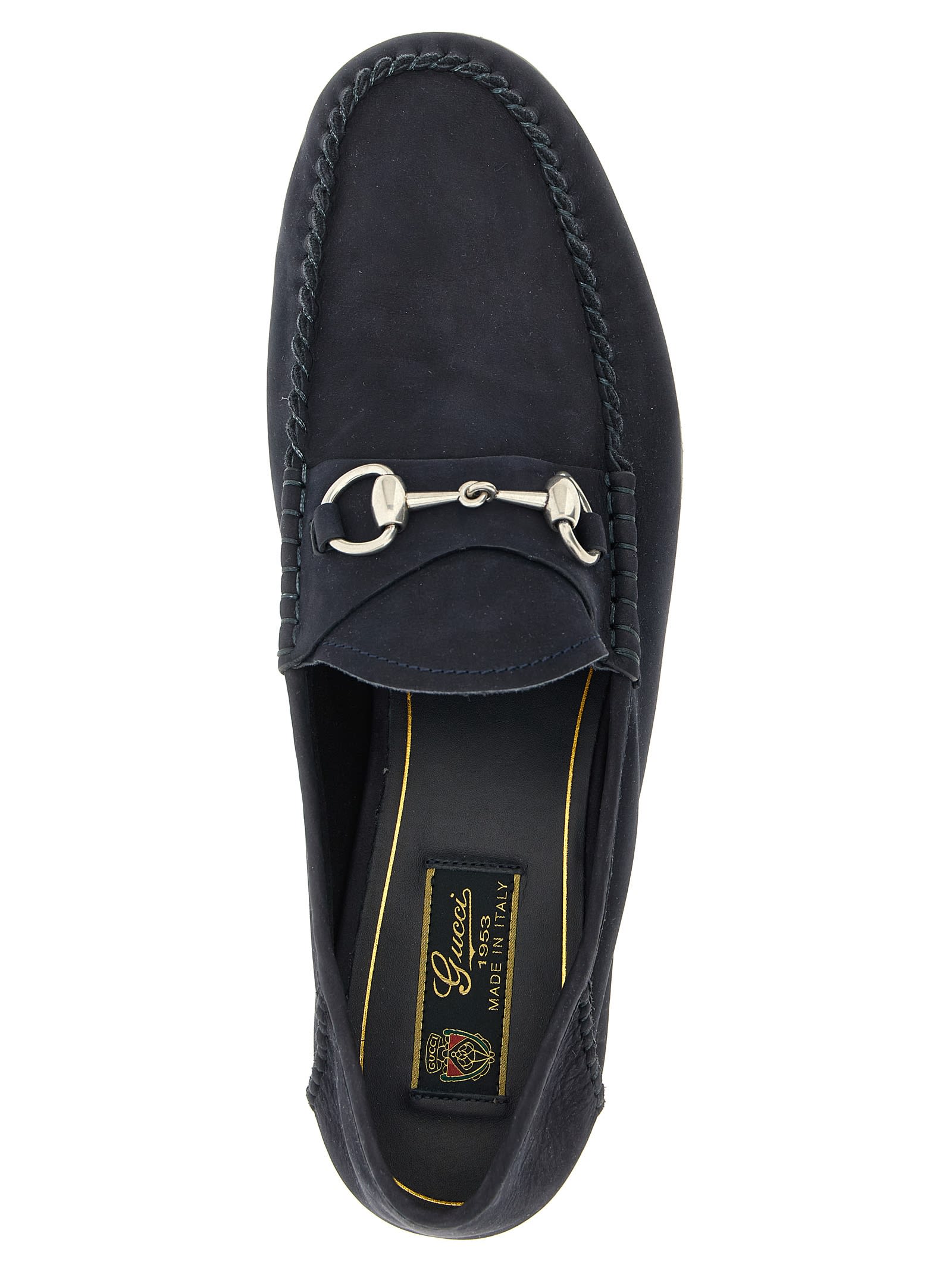 Gucci Round Toe Loafers With Metal Buckle Detail In Blue