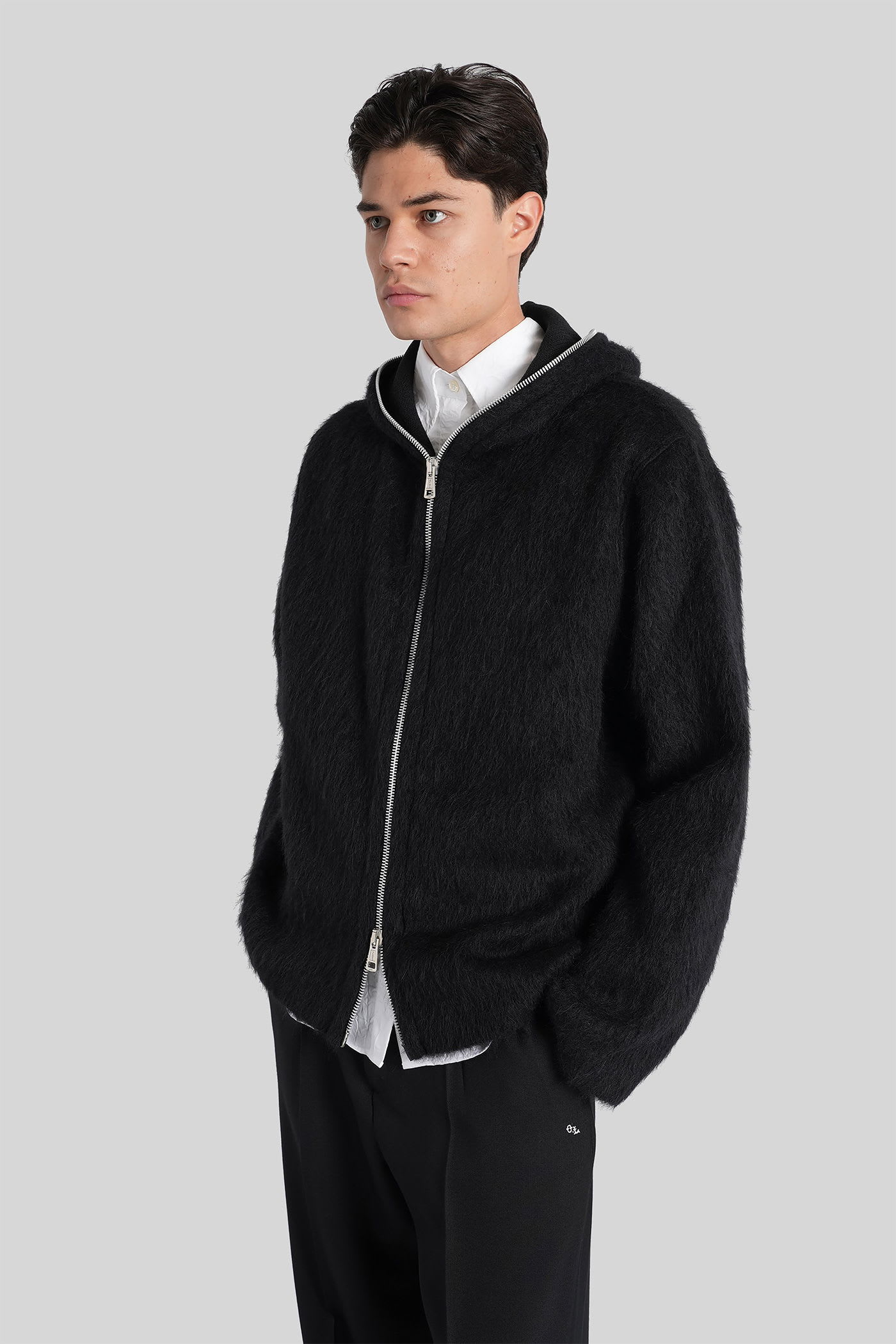Our Legacy Textured Full Zip Hood Sweatshirt With Cozy Hood In Black