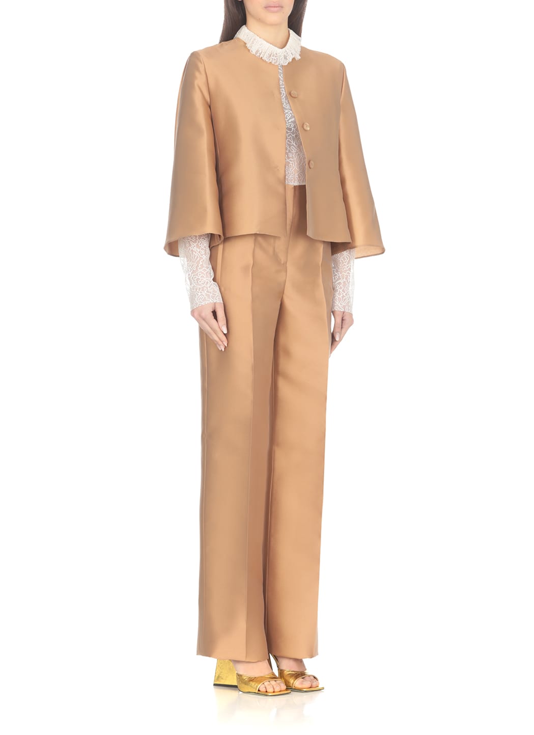 Shop Alberta Ferretti Silk Blend Trousers In Beige