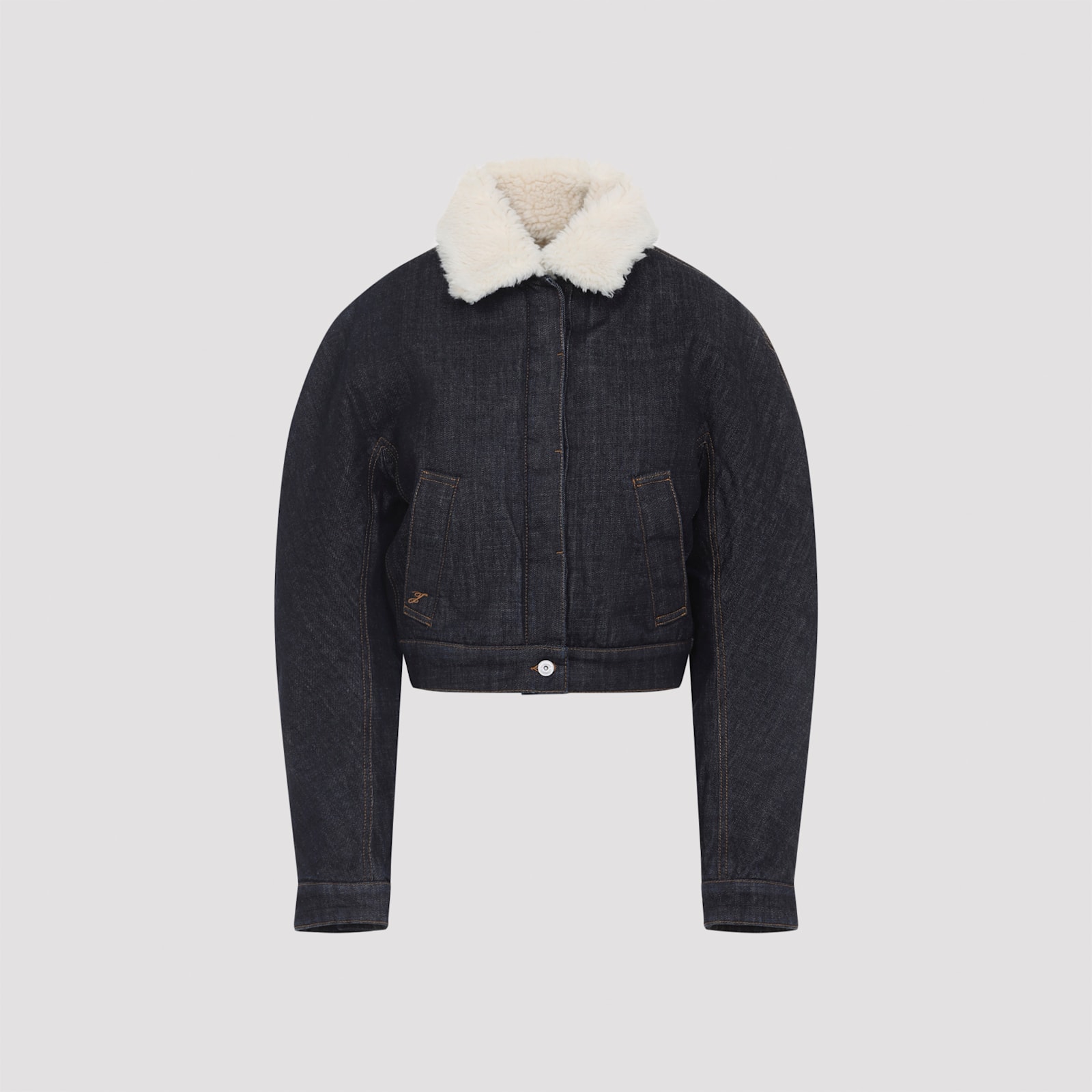 Jacquemus Le Bomber De-nimes Ovalo Blue Jacket With Fur Collar And Two Front Welt Pockets In Denim Woman In Blue