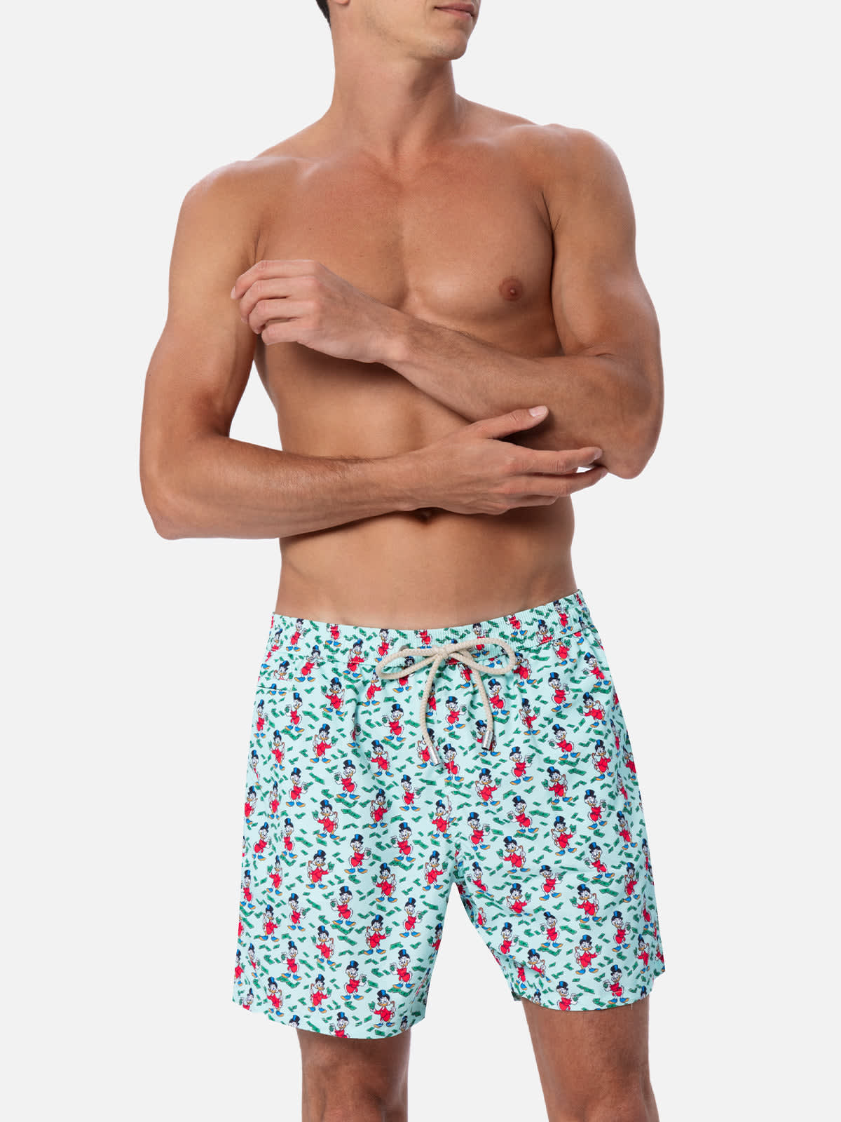 Mc2 Saint Barth Man Lightweight Fabric Swim-shorts Lighting Micro Fantasy With Scrooge Print Disney Special Edition In Verde Acqua