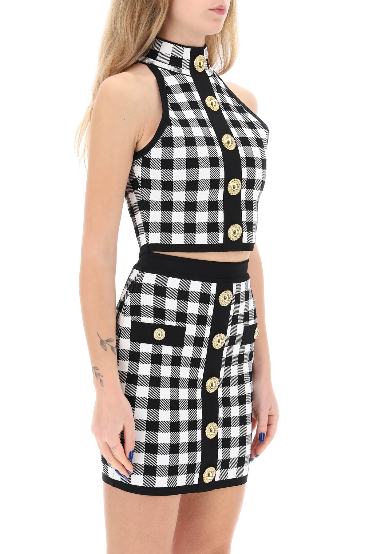 Shop Balmain Gingham Knit Cropped Top With Embossed Buttons In Noir/blanc