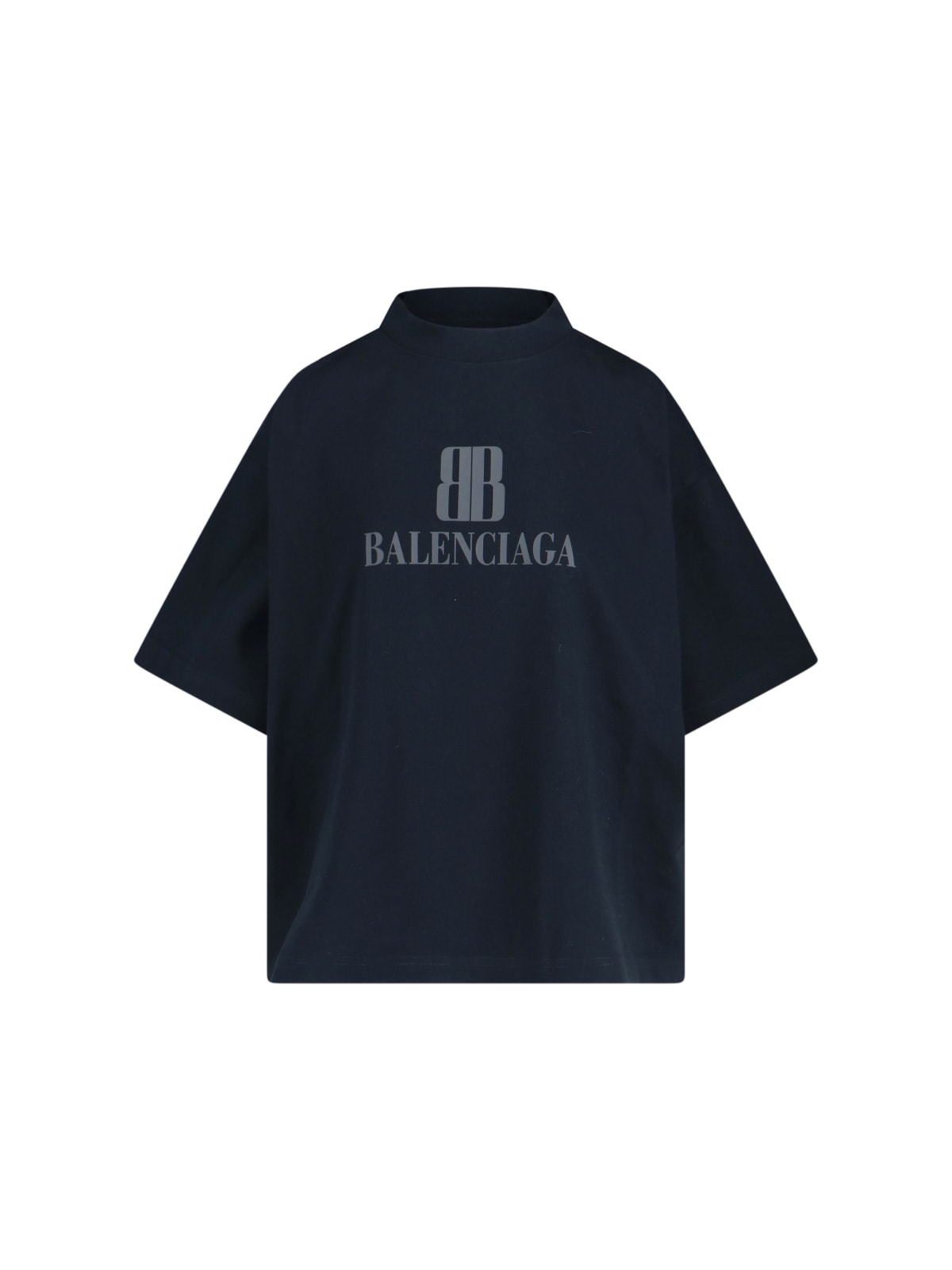 Balenciaga High-collar Black T-shirt With Logo Print In Black